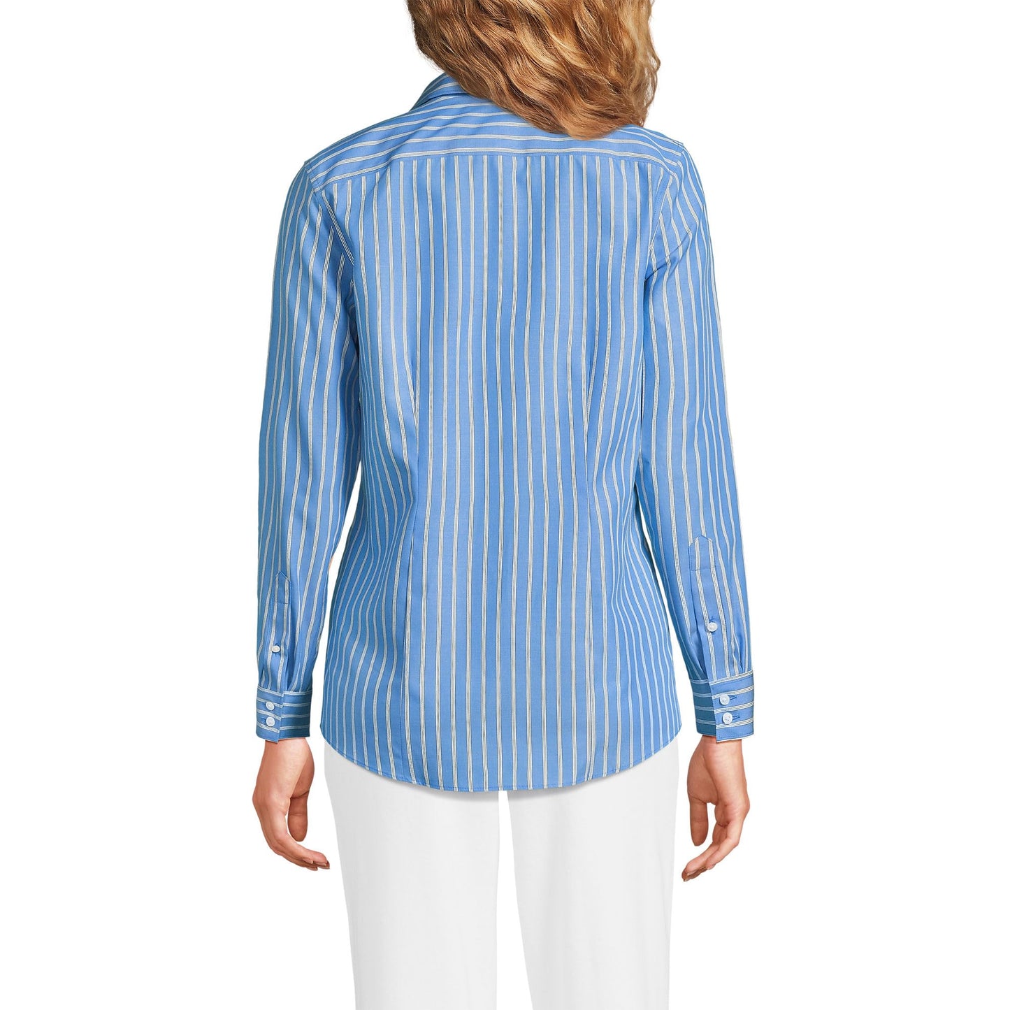 Lands' End Womens LS No Iron Button Front Shirt Muted Cobalt Crisp Stripe Tall 6