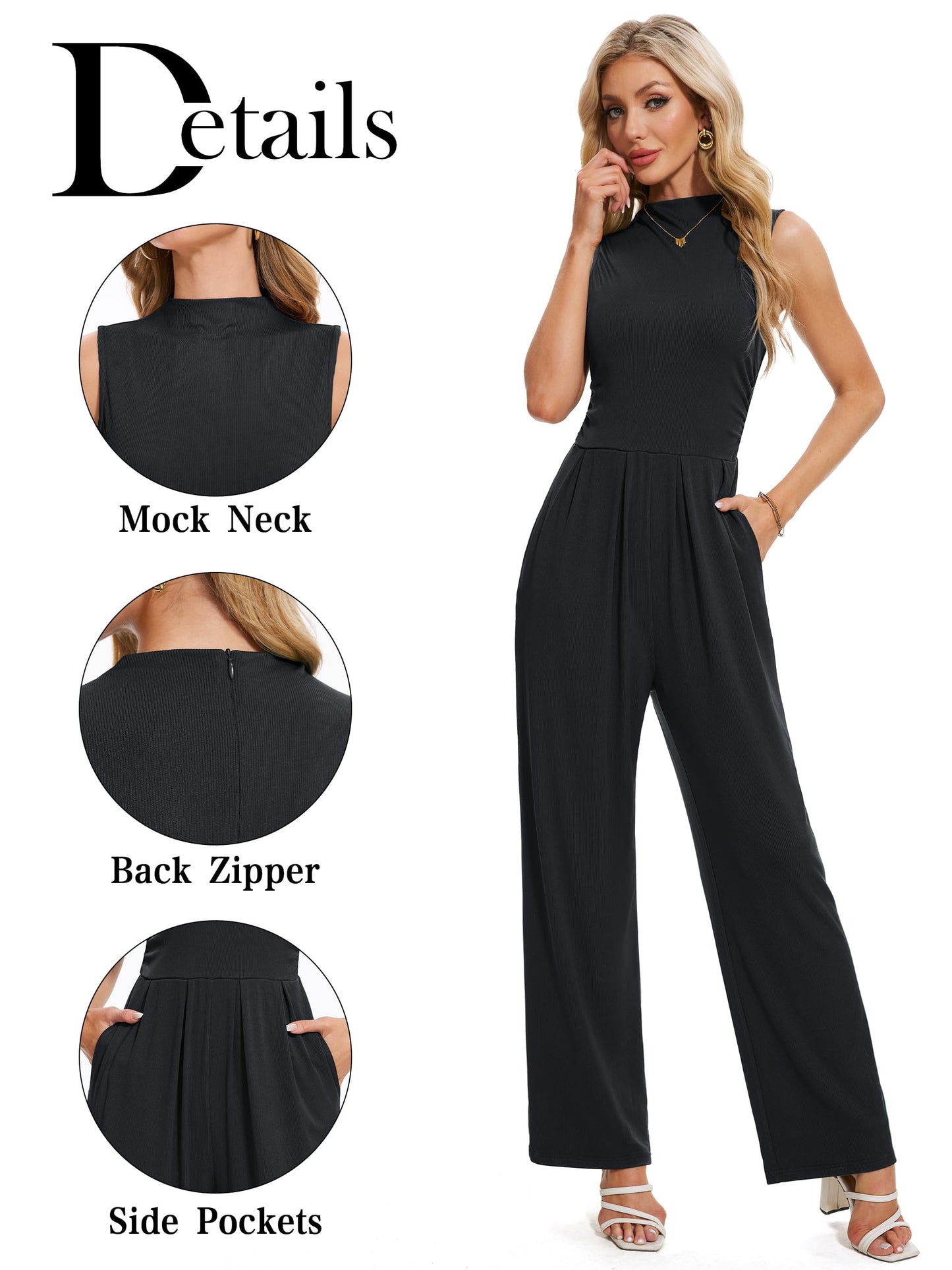 Tapata Women's Jumpsuits Dressy Casual One Piece Outfits Sleeveless Rompers Wide Leg Pants with Pockets, Tall, Black, Medium