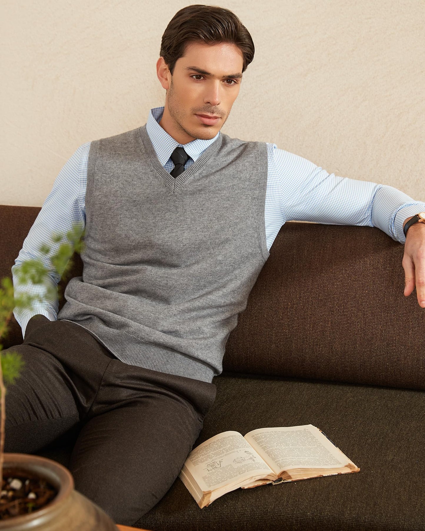 Kallspin Men's Big & Tall Wool Blended Vest Sweater Relaxed Fit V Neck Sleeveless Knitted Pullover (Light Grey L-Tall)