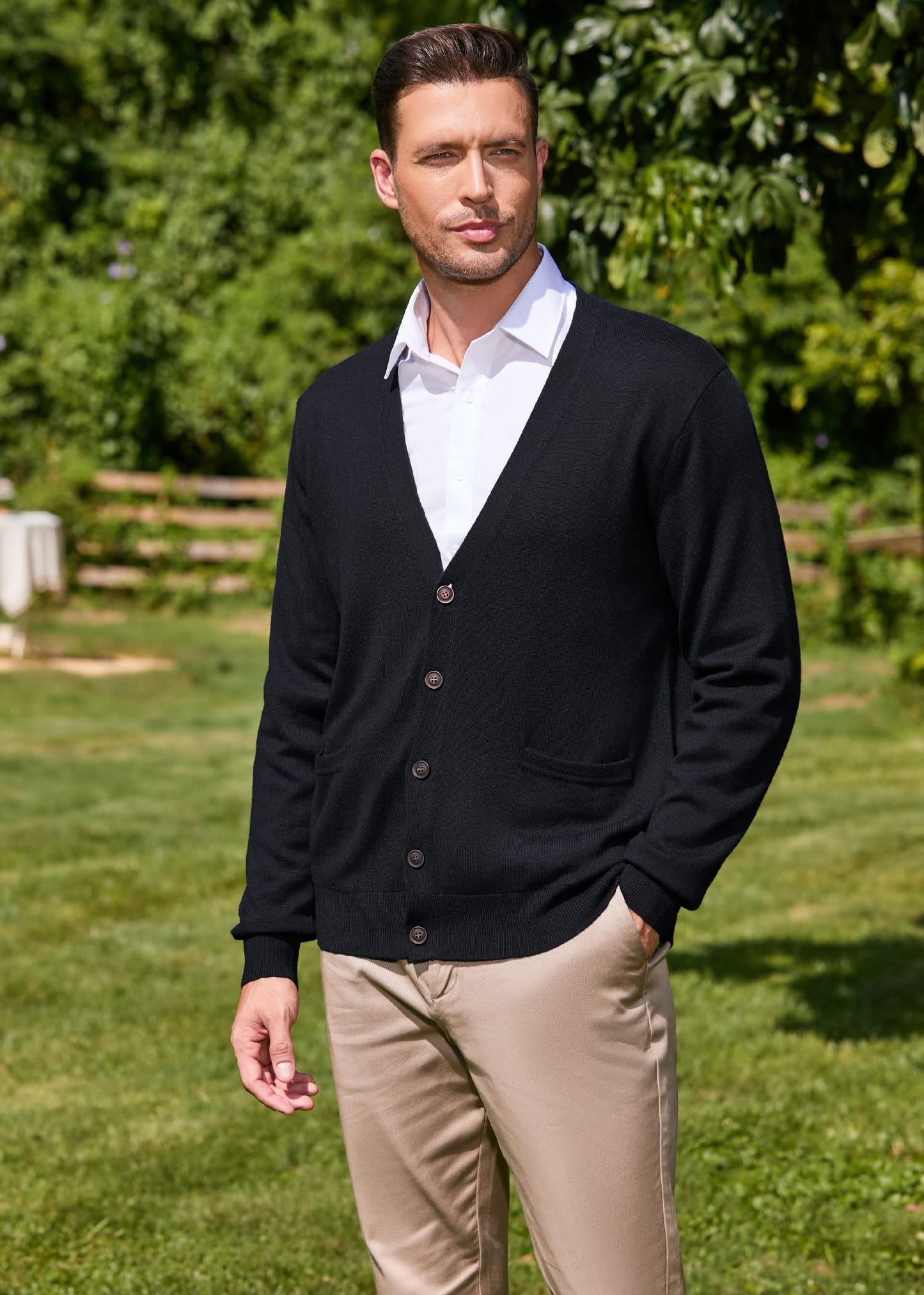 Kallspin Men's Tall Cardigan Sweaters Wool Blend V Neck Button Down Sweaters with Pockets(Black, L-Tall)