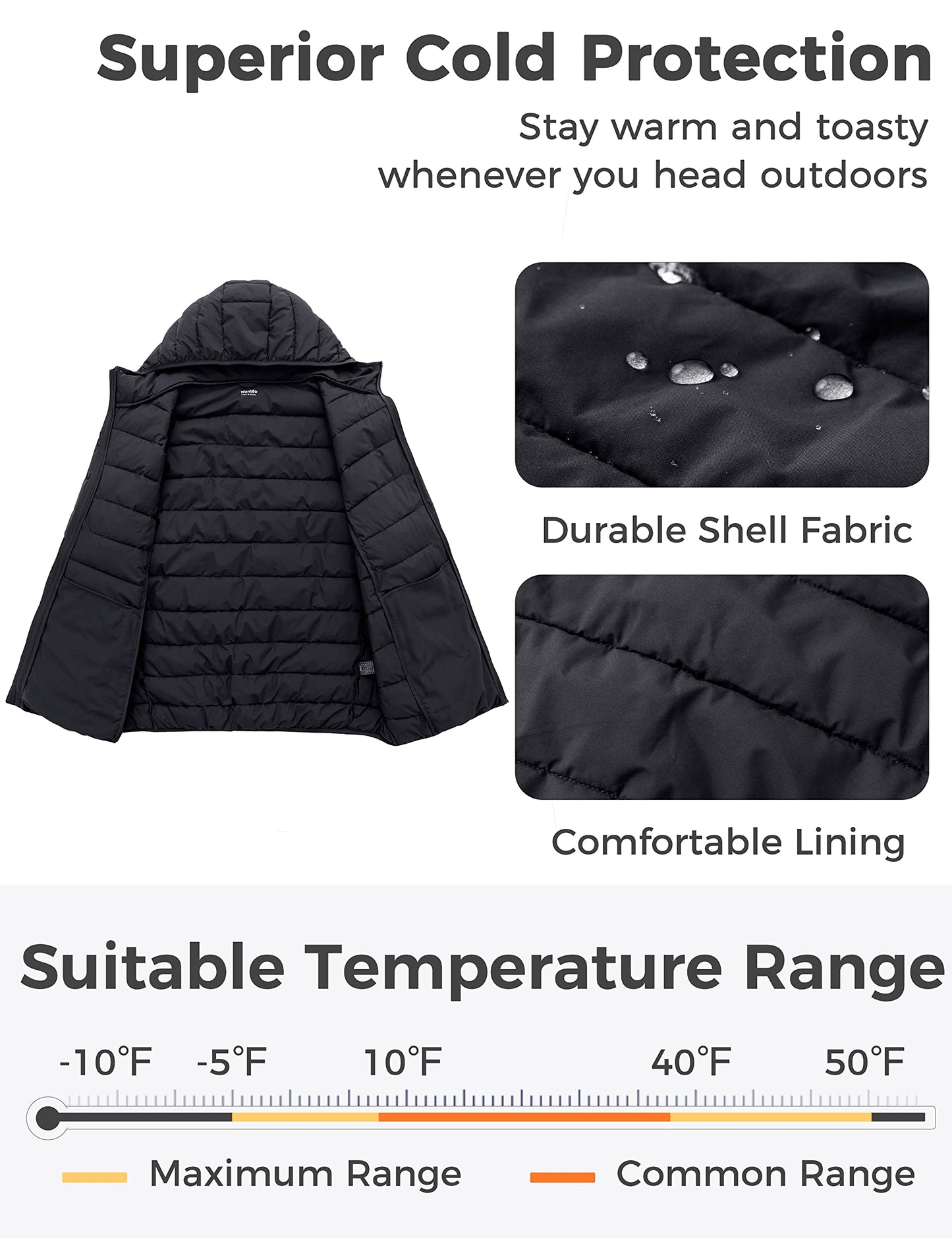 wantdo Men's Big and Tall Puffy Jacket Short Bubble Coat Packable Puffer Jacket with Hood Black 3X-Large Tall