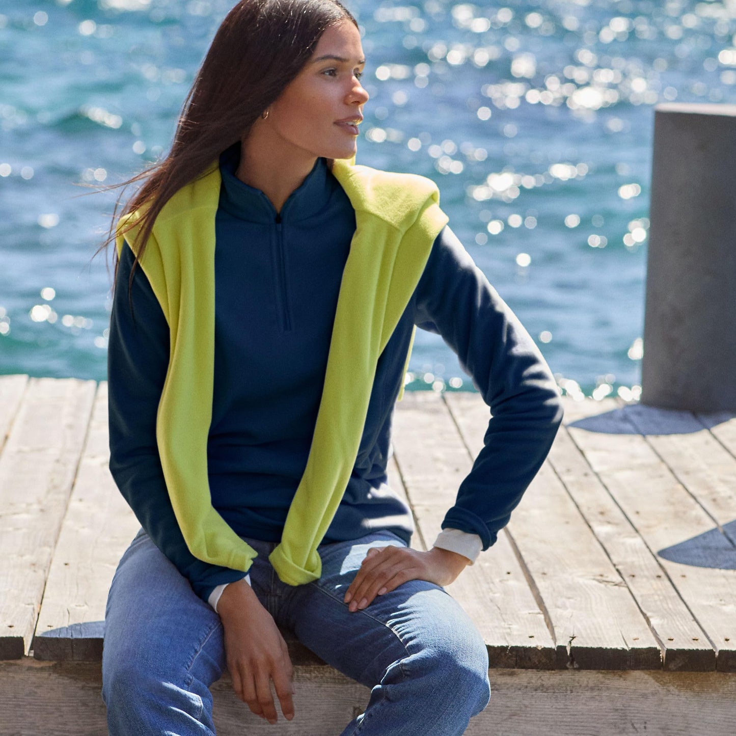 Lands' End Womens Quarter Zip Fleece Pullover Deep Sea Navy Tall Large