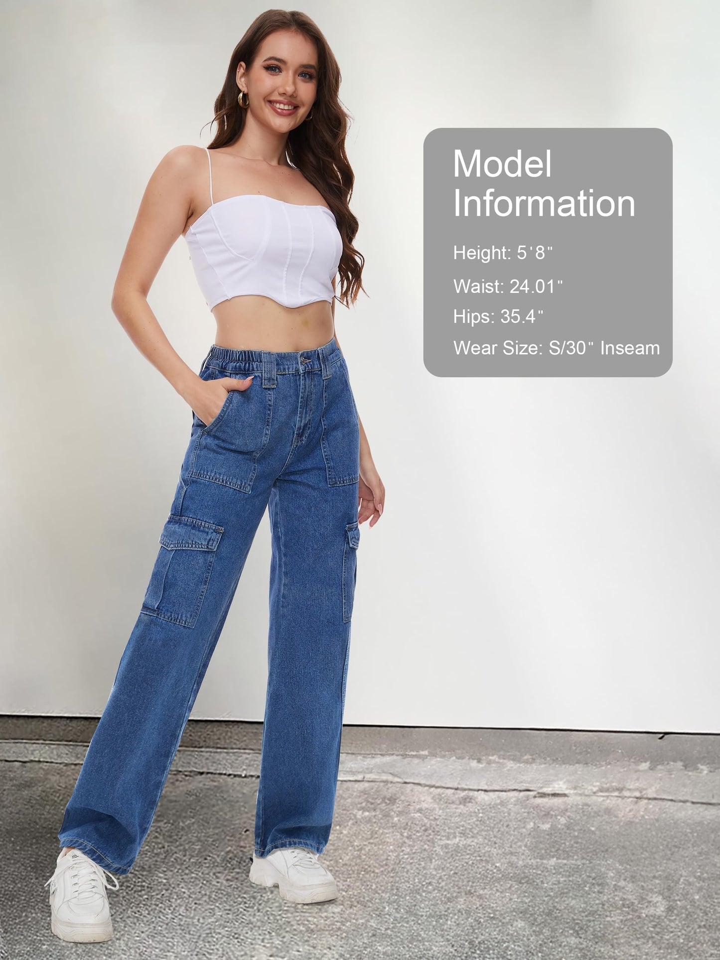 Tapata Women's 26"/28"/30"/32"/34" Cargo Jeans Straight Leg Short Petite Regular Tall Denim Y2K Pants Deep Blue, XS