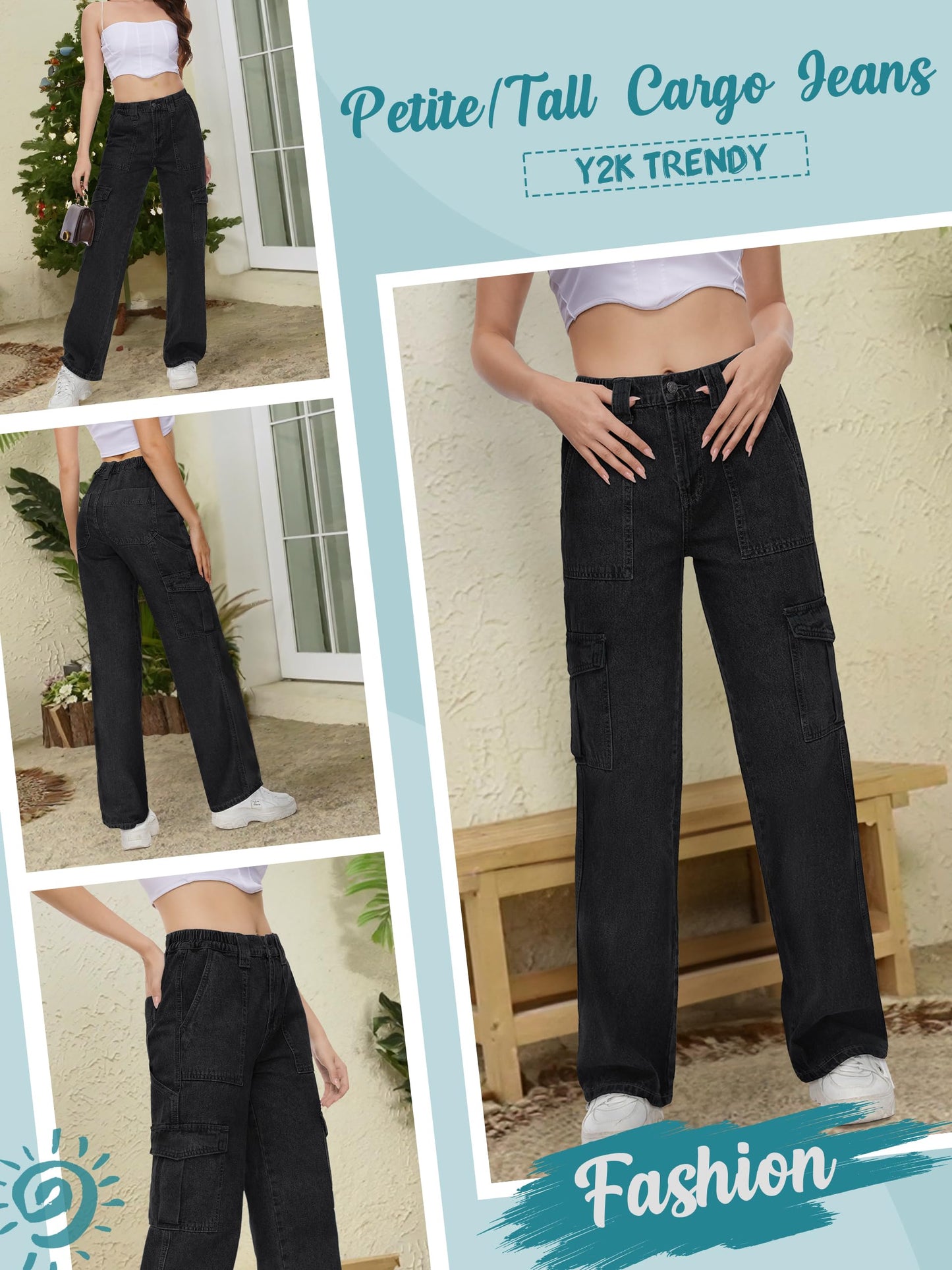 Tapata Women's 26"/28"/30"/32"/34" Cargo Jeans Straight Leg Short Petite Regular Tall Denim Relaxed Y2K Pants Black, L