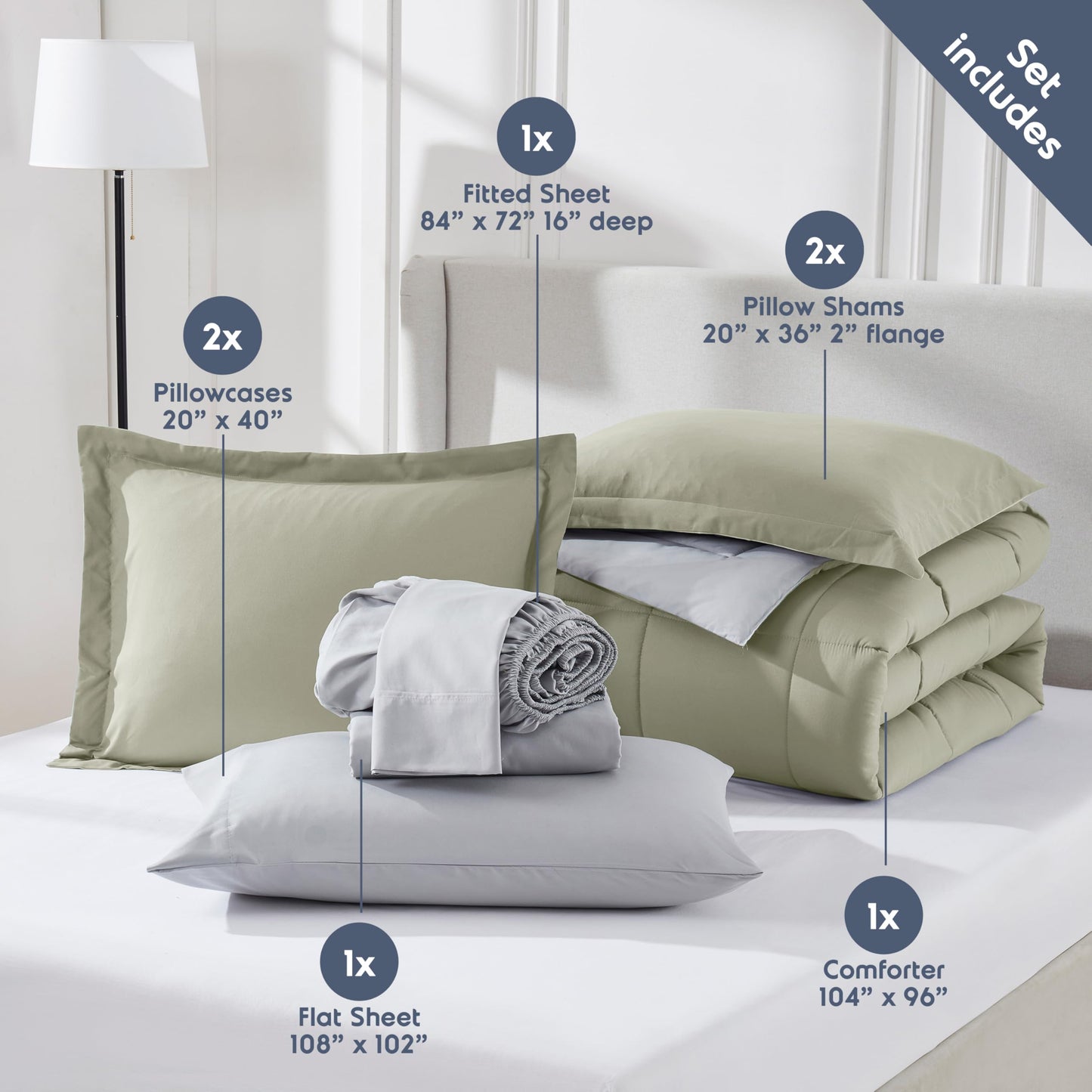 Nestl 7 Piece California King Comforter Set – Light Sage Reversible Bed in a Bag – Complete Cal King Size Bedding Set with Sheets, Pillowcases and Shams