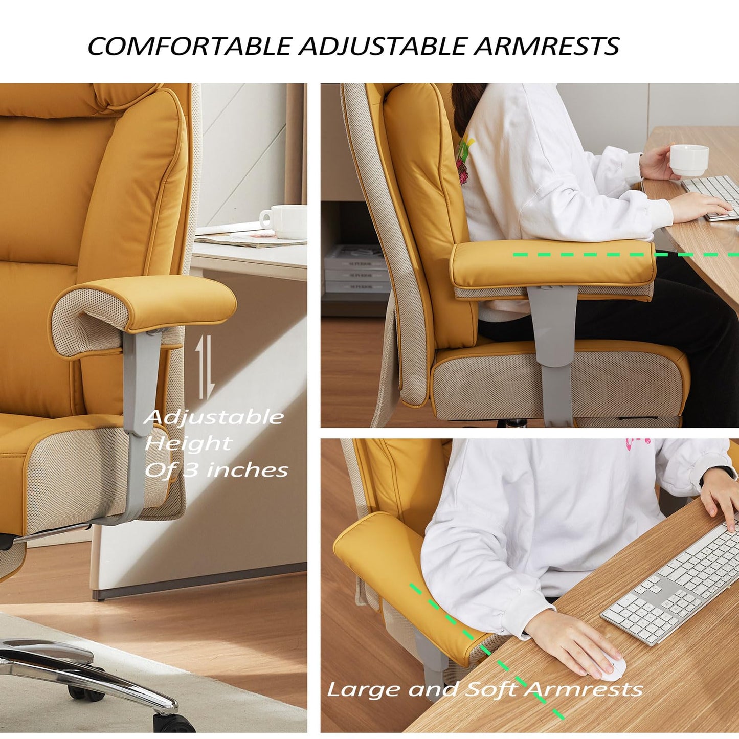 Efomao Big and Tall Green Office Chair 450LBS – Ergonomic High-Back Executive Chair with Footrest, Adjustable Padded Armrests, PU Leather Computer Chair with Lumbar Support for Home or Office, Yellow