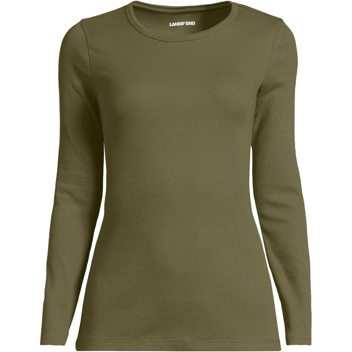 Lands' End Womens Long Sleeve Micro Rib Crew Olive Drab Tall Large