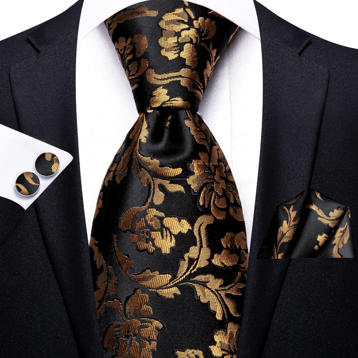 Hi-Tie 70'' Black Gold Ties for Men Silk Extra Long Floral Mens Ties Set Necktie and Pocket Square Cufflink for Wedding