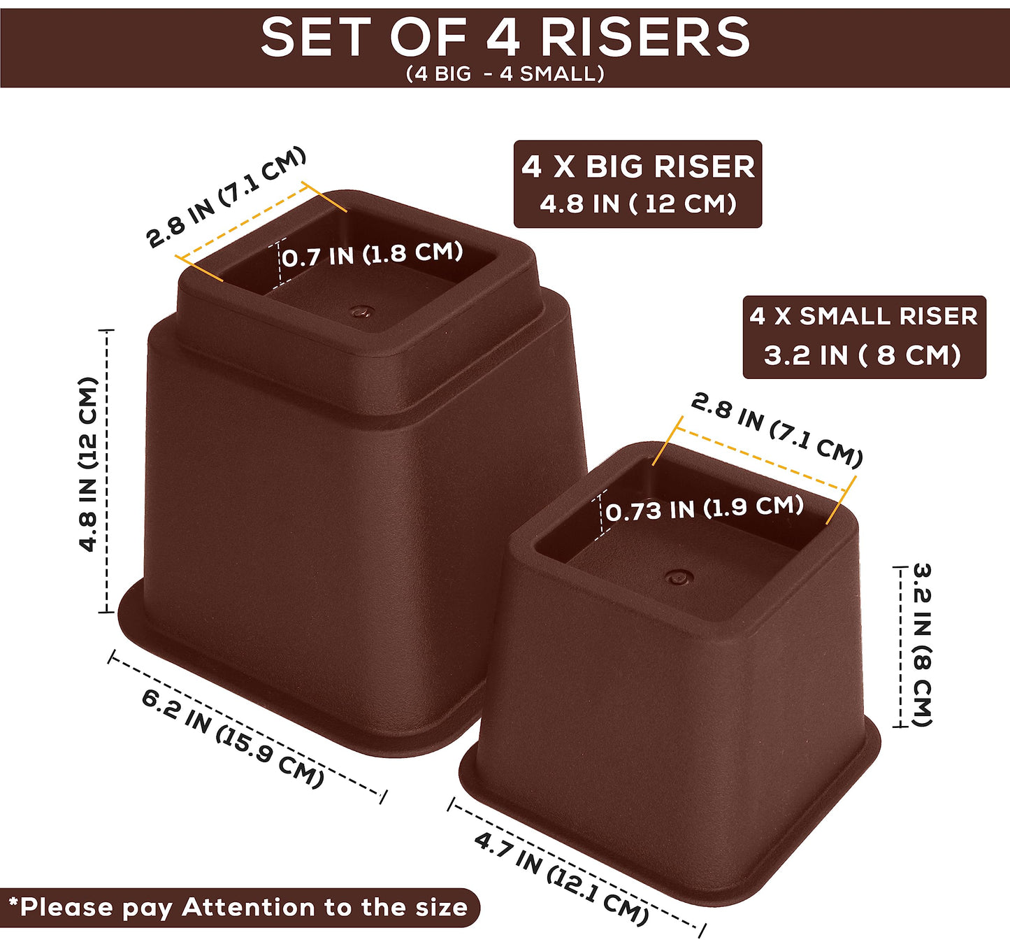 Utopia Bedding Adjustable Bed Furniture Risers - Elevation in Heights 3, 5 or 8 Inch Heavy Duty Risers for Beds - Supports up to 1,300 lbs - (Set of 4 Riser, Reddish Brown)