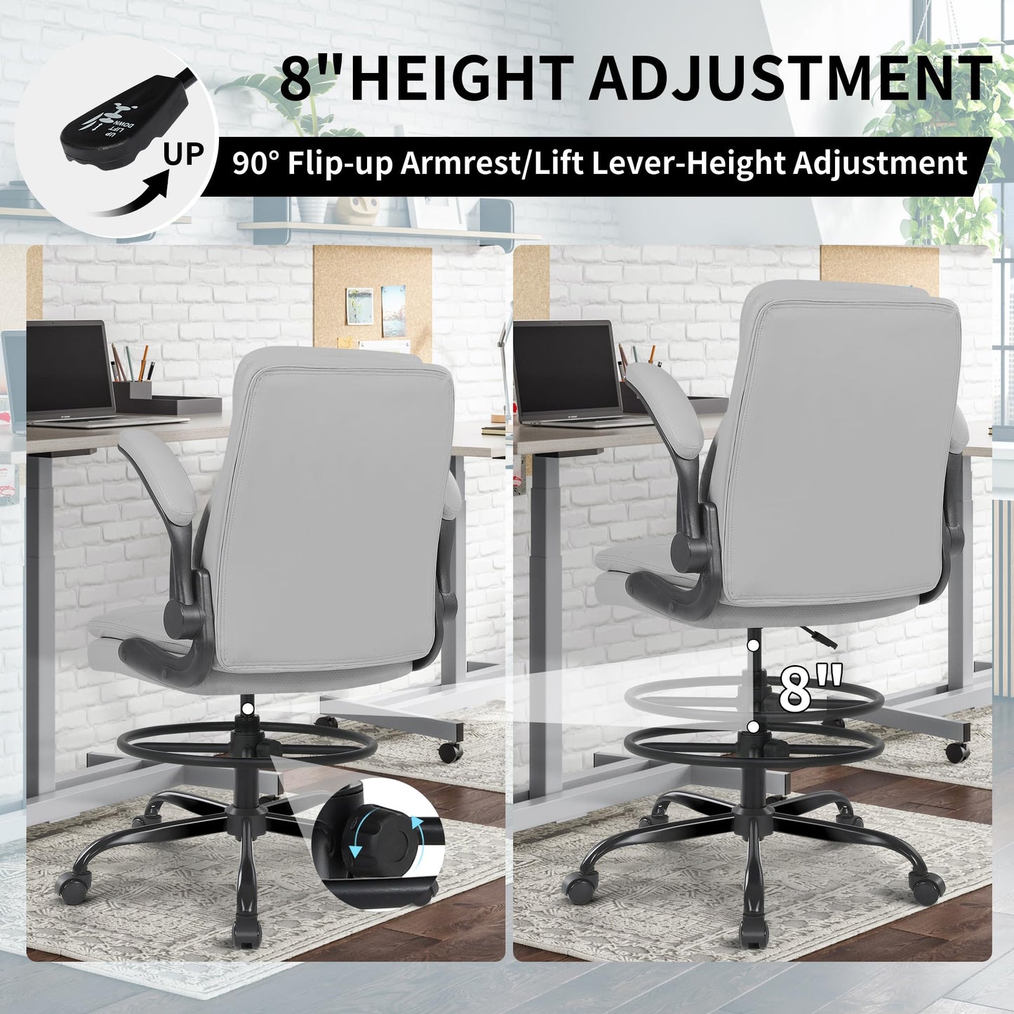 Misolant Leather Drafting Chair, Tall Office Chair for Standing Desk, High Executive Office Chair with Adjustable Height and Flip-up Armrest for Counter Height Desk