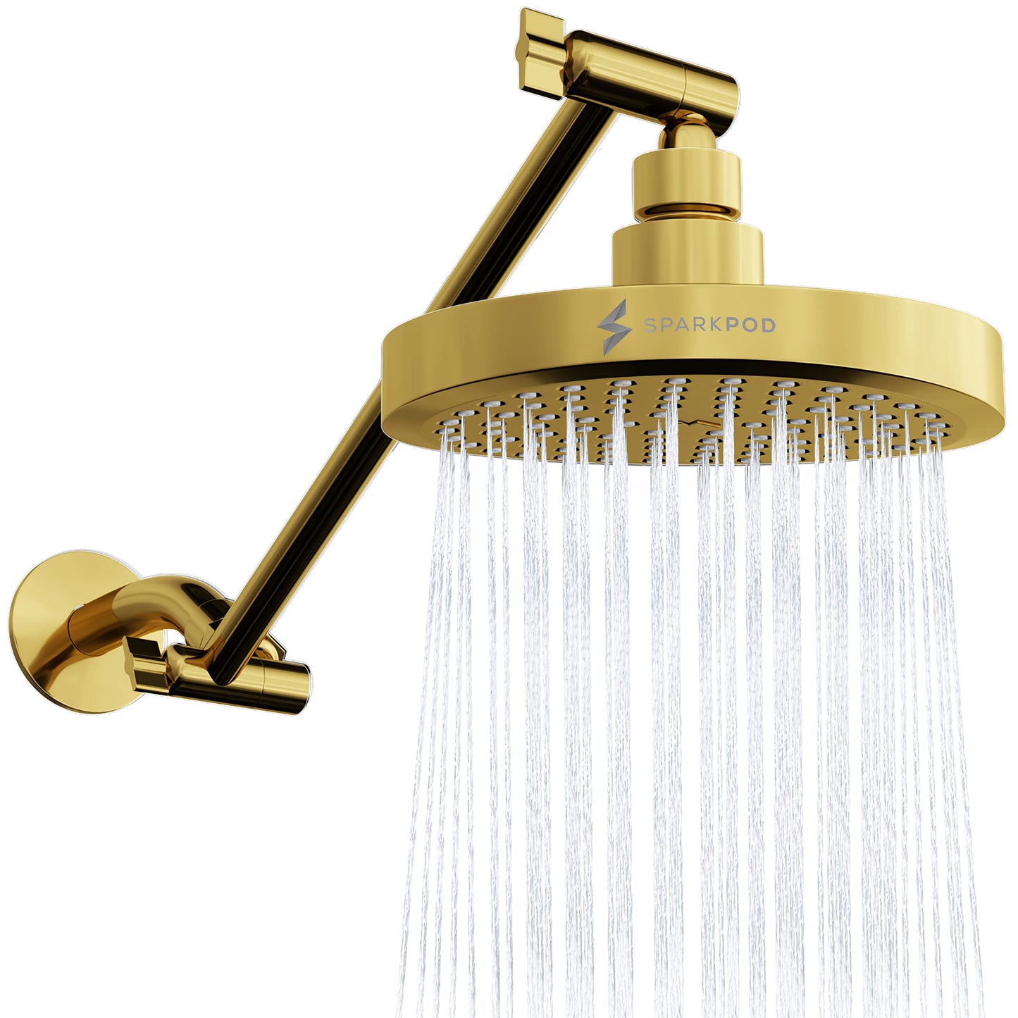 SparkPod Round Rain Shower Head with Extension Arm - Height Adjustable Shower Head with High Pressure Performance - Easy 1-Minute Installation (11" Arm Extension, Egyptian Gold)
