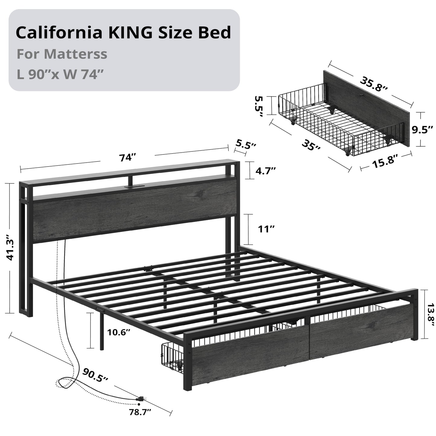 LIKIMIO California King Bed Frame with Storage Headboard, Platform Bed with Drawers and Charging Station, No Box Spring Needed, Easy Assembly, Charcoal Grey