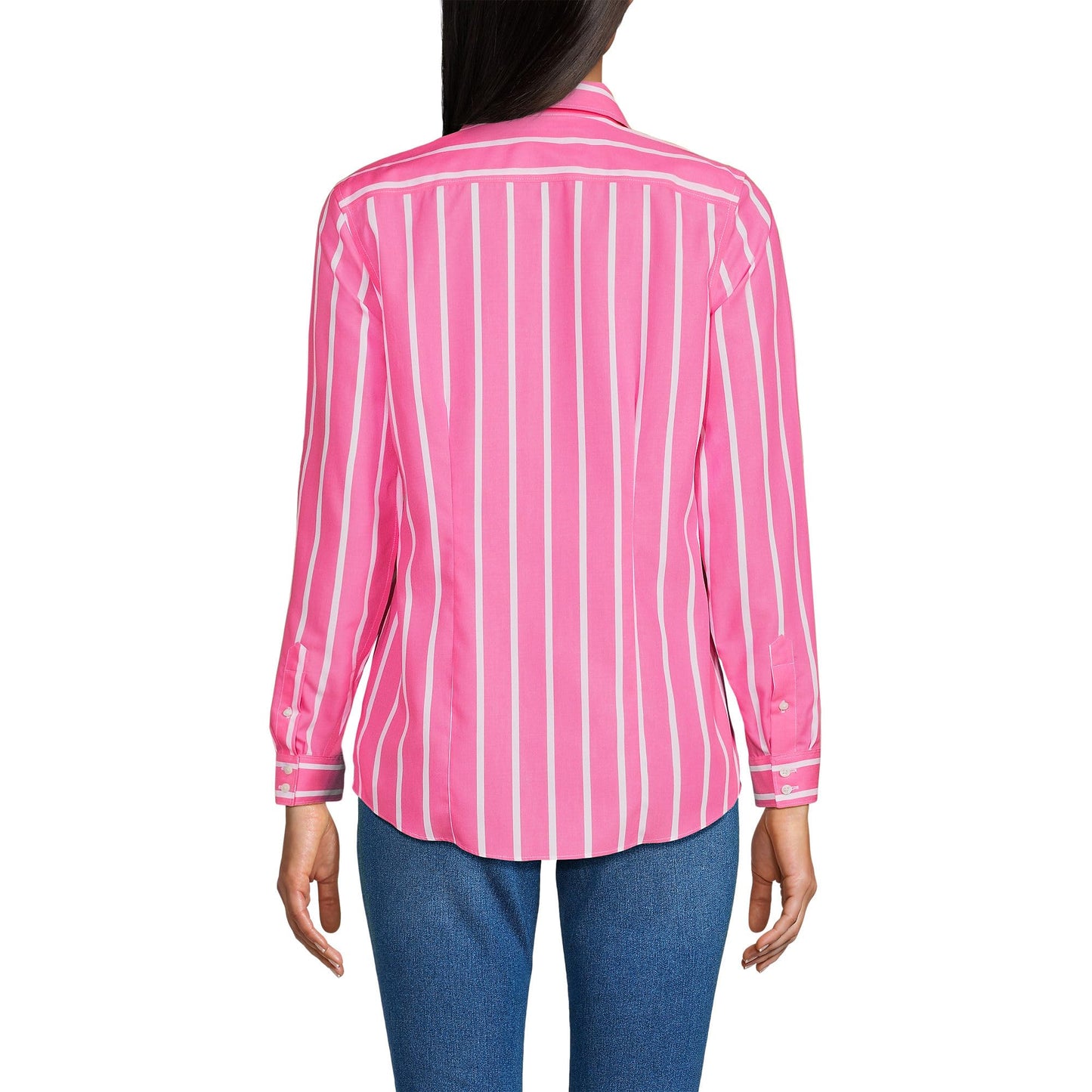 Lands' End Womens LS No Iron Button Front Shirt Apple Blossom Classic Stripe Petite 14