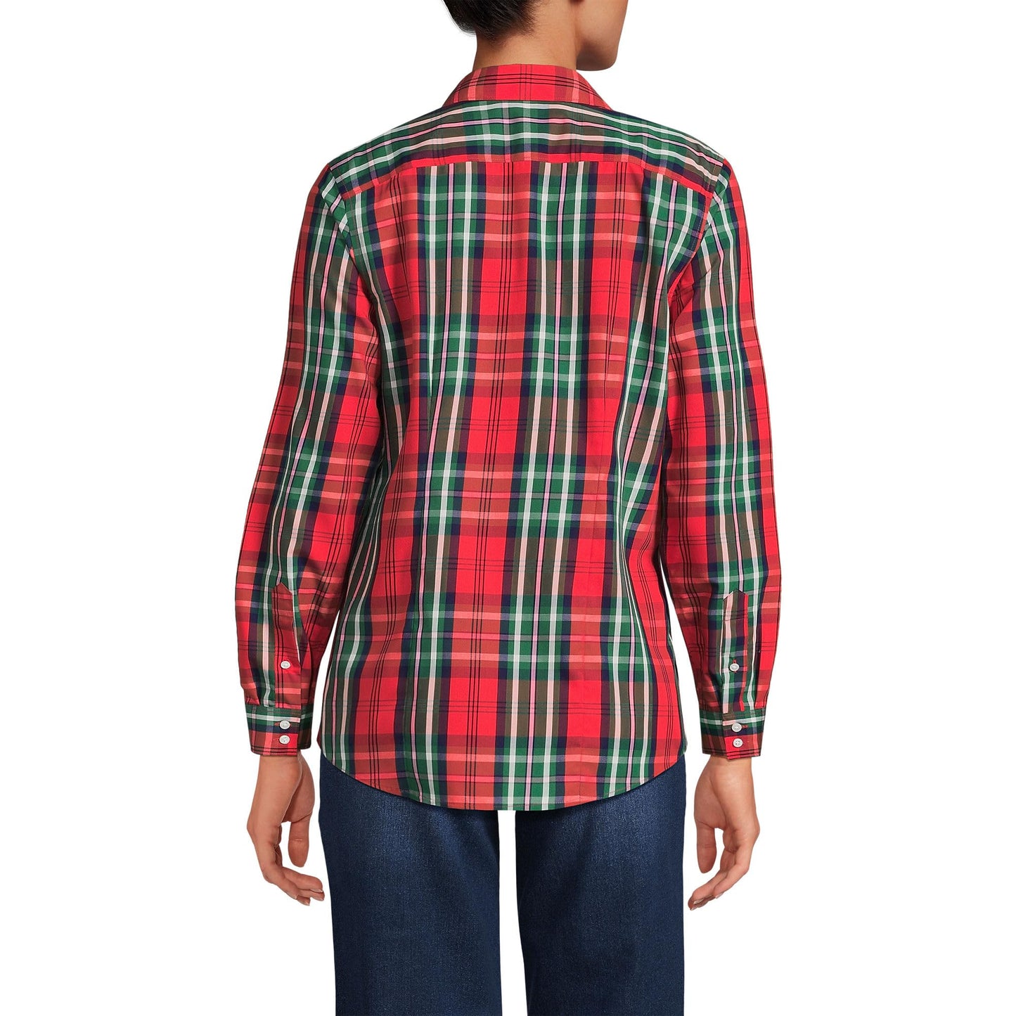 Lands' End Womens LS No Iron Button Front Shirt Compass Red/Emerald Plaid Tall 16