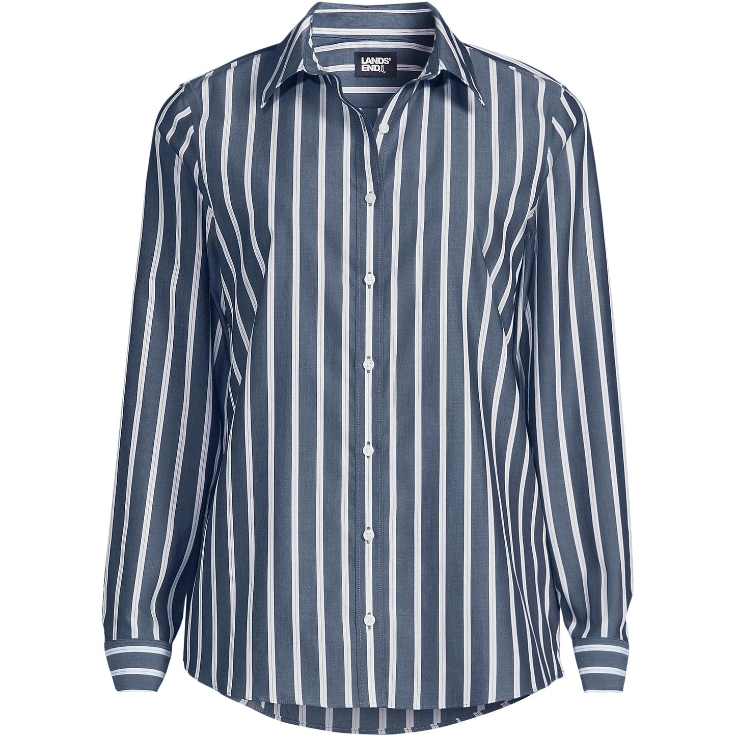 Lands' End Womens LS No Iron Button Front Shirt Navy/White Dual Stripe Tall 16