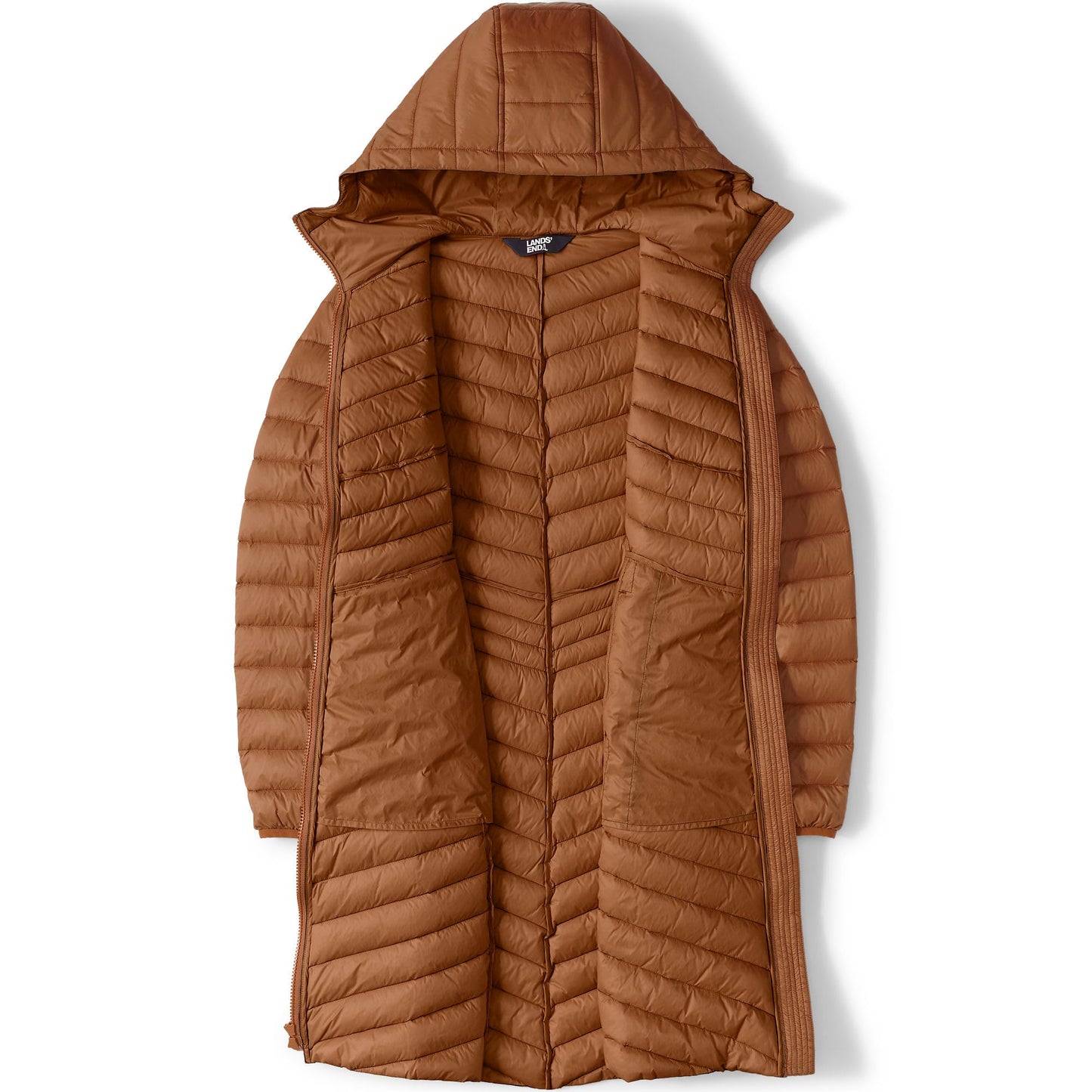 Lands' End Womens Packable Chevron Wanderweight Down Coat Rich Ginger Brown Tall Medium