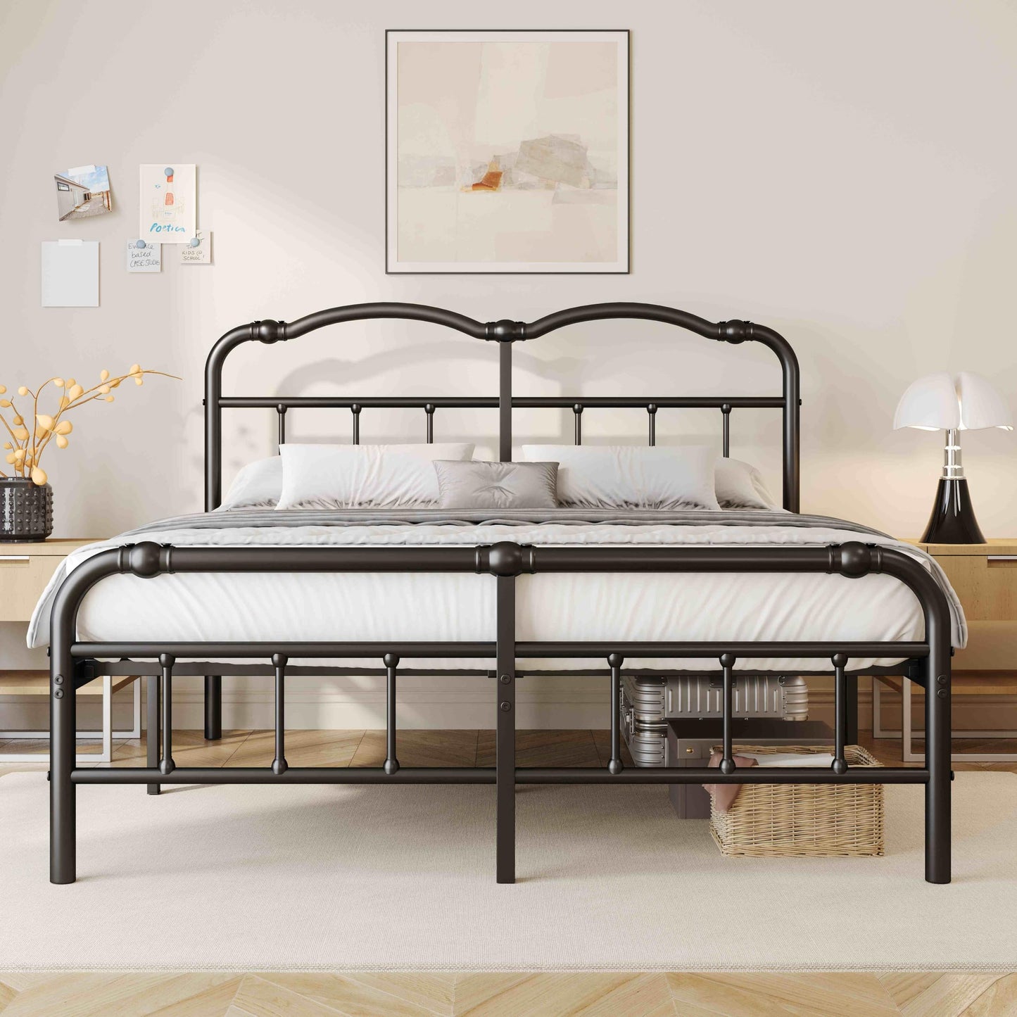 ZIYOO Vinatge California King Size Metal Bed Frame with Metal Headboard and Footboard Cal-King Bed Frame 18 Inch High Under Bed Storage, No Box Spring Needed, Noise Free
