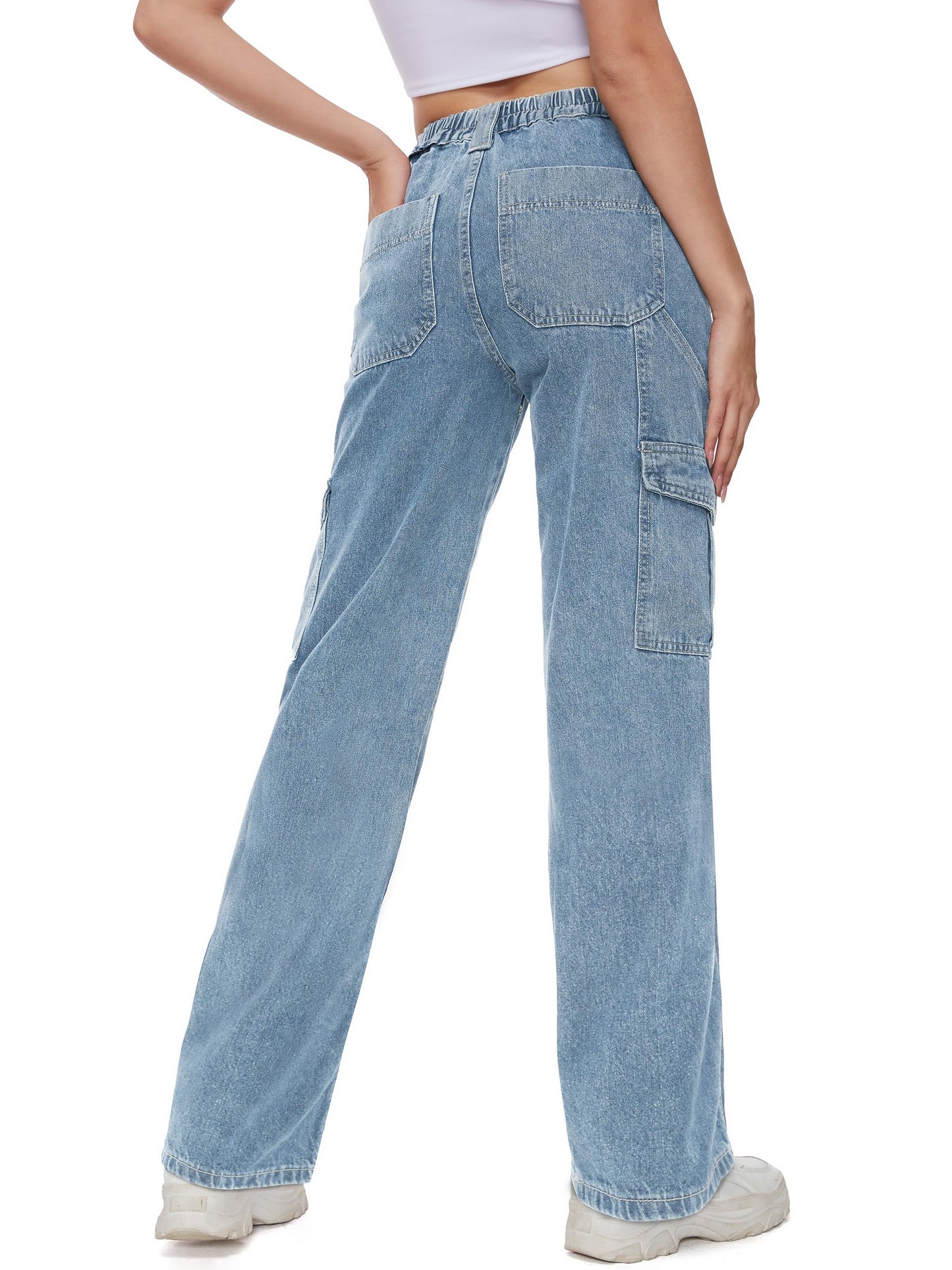 Tapata Women's 26"/28"/30"/32"/34" Cargo Jeans Straight Leg Short Petite Regular Tall Denim Y2K Pants Light Blue, XS