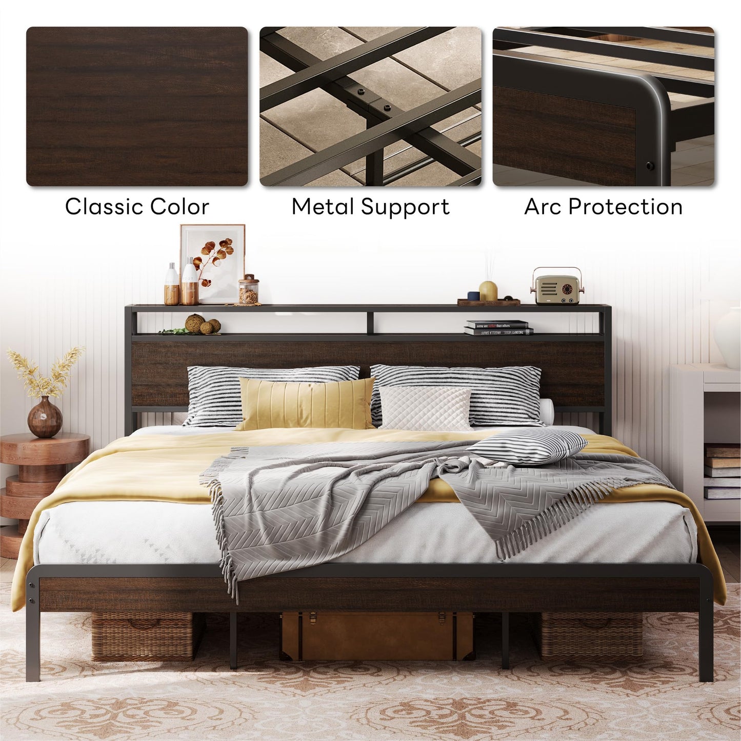 LIKIMIO California King Bed Frame with Headboard, Dark Wood Camas California King with Strong Supports, Sturdy, Noise-Free, No Box Spring Needed, Dark Brown