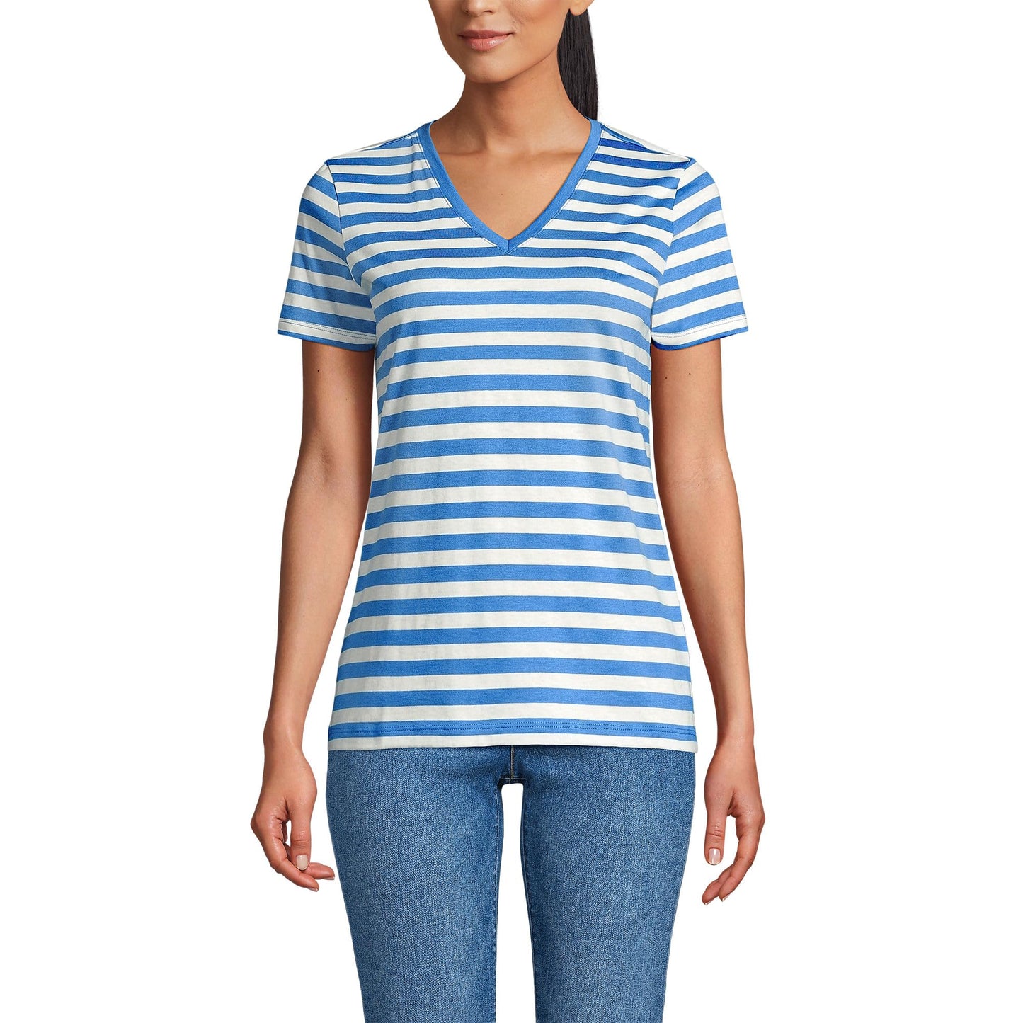 Lands' End Womens SS Relaxed Supima V Neck T Shirt Muted Cobalt Even Stripe Tall Medium