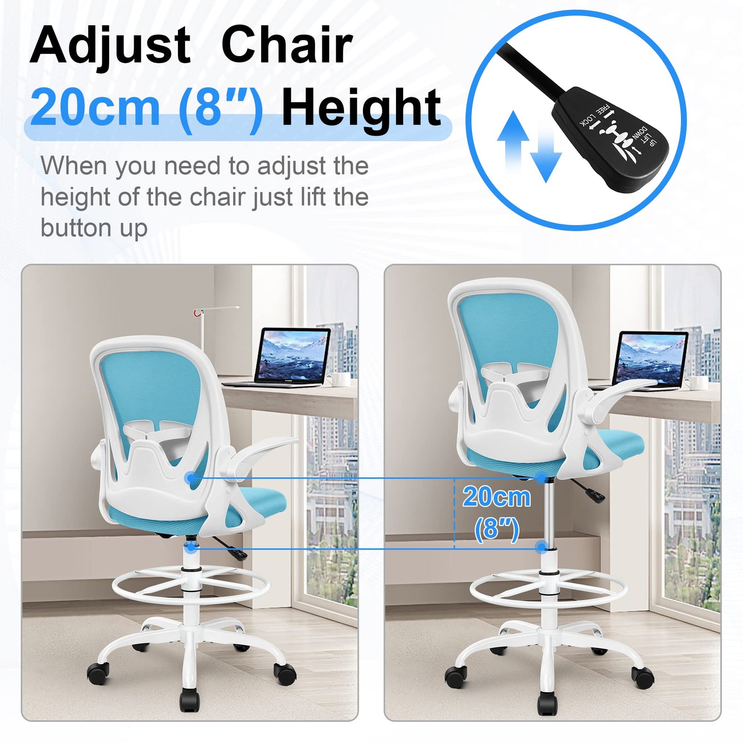 Primy Drafting Chair Tall Office Chair with Flip-up Armrests Executive Ergonomic Computer Standing Desk Chair with Lumbar Support and Adjustable Footrest Ring（Blue）