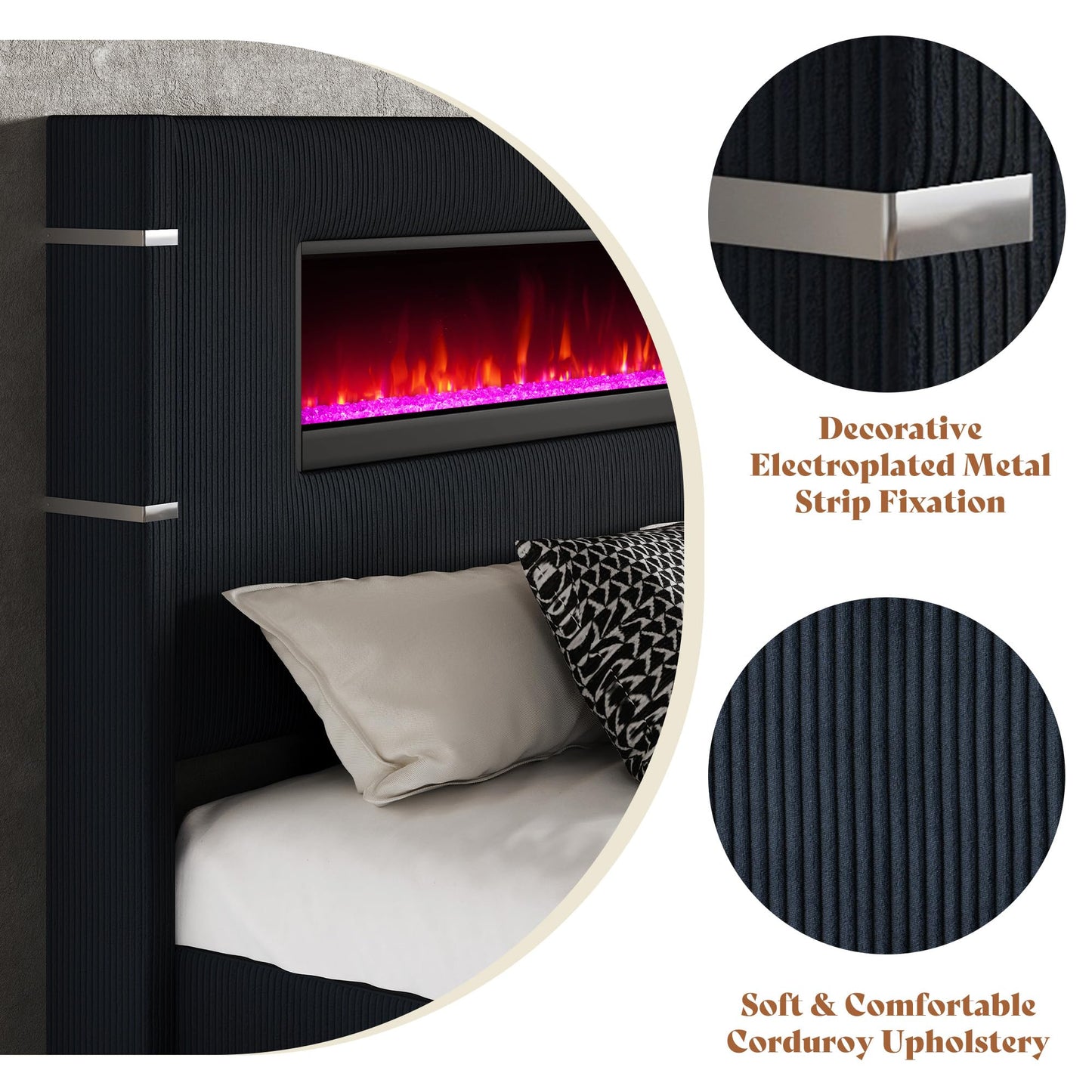 AMERLIFE Modern California King Size Bed Frame with Fireplace, Wingback Platform Bed Frame with 60.4“ Extra Tall Headboard, Corduroy Upholstered Bed Frame Wooden Slats/No Box Spring Needed, Black