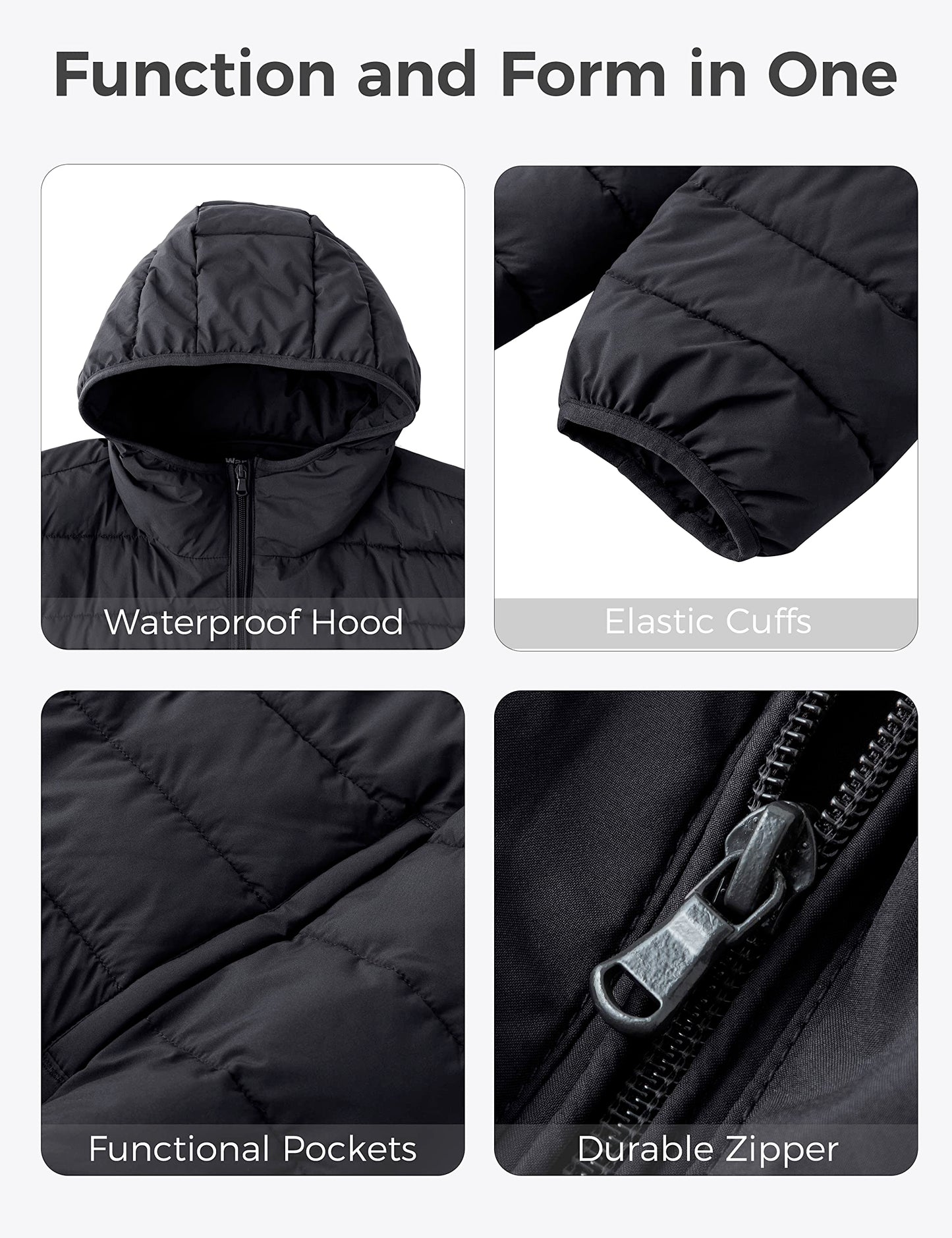 wantdo Men's Big and Tall Puffy Jacket Short Bubble Coat Packable Puffer Jacket with Hood Black 3X-Large Tall