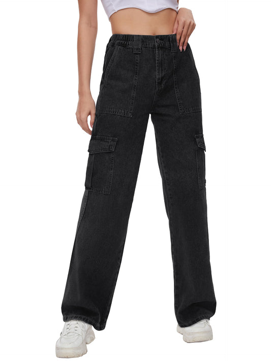 Tapata Women's 26"/28"/30"/32"/34" Cargo Jeans Straight Leg Short Petite Regular Tall Denim Relaxed Y2K Pants Black, XL
