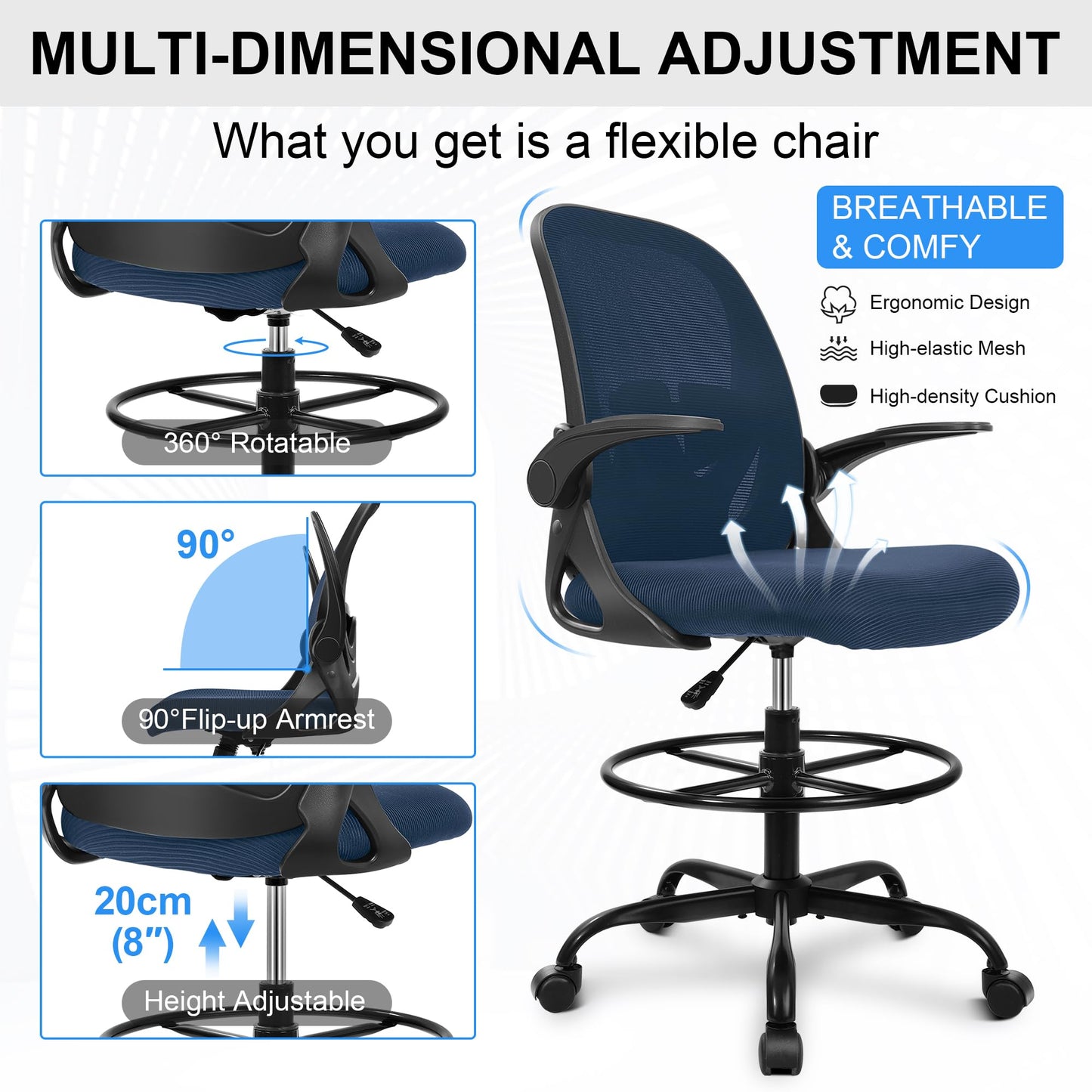 Drafting Chair, Tall Office Chair Ergonomic Standing Desk Chair,with Adjustable Footrest Ring, 3D Lumbar Support, Flip-up Armrests, Swivel Desk Stool for Drawing Working Navy