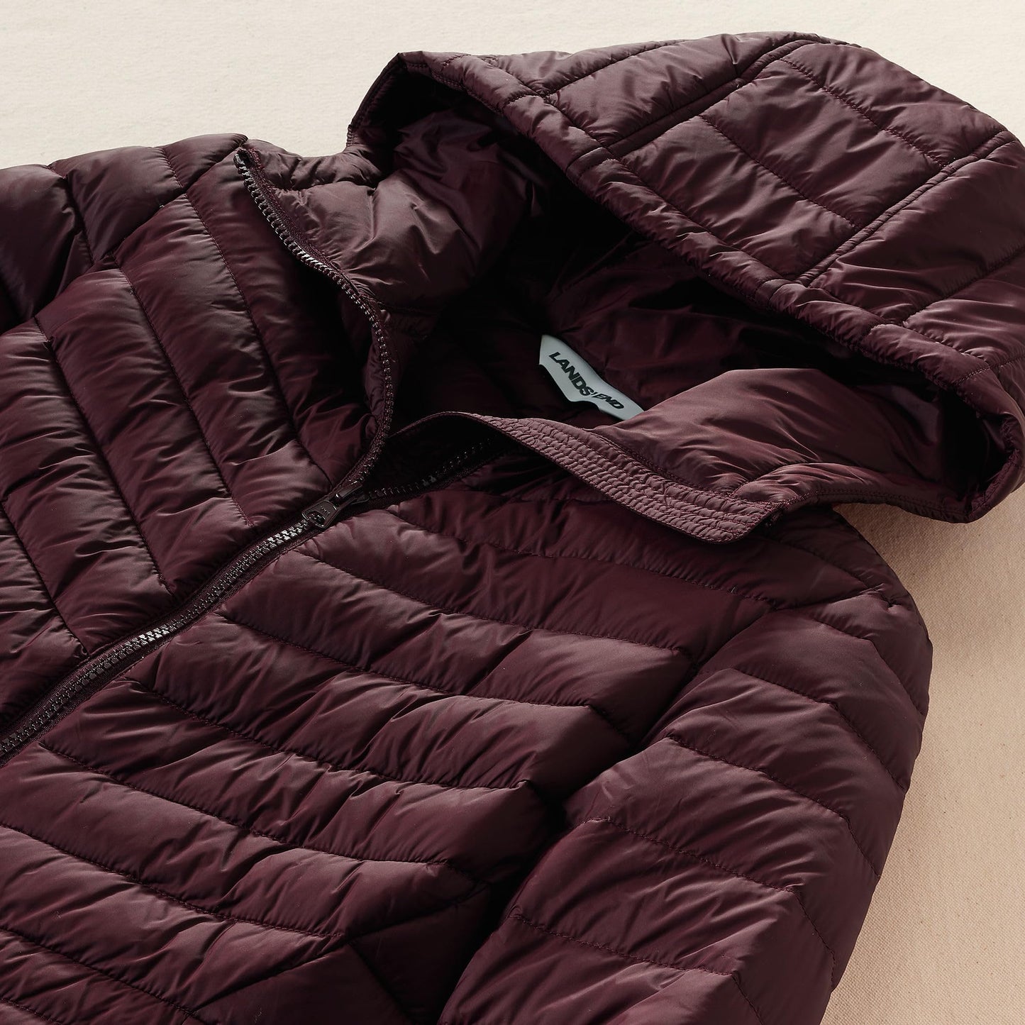 Lands' End Womens Packable Chevron Hooded Long Wanderweight Down Jacket Lush Burgundy Tall X-Large