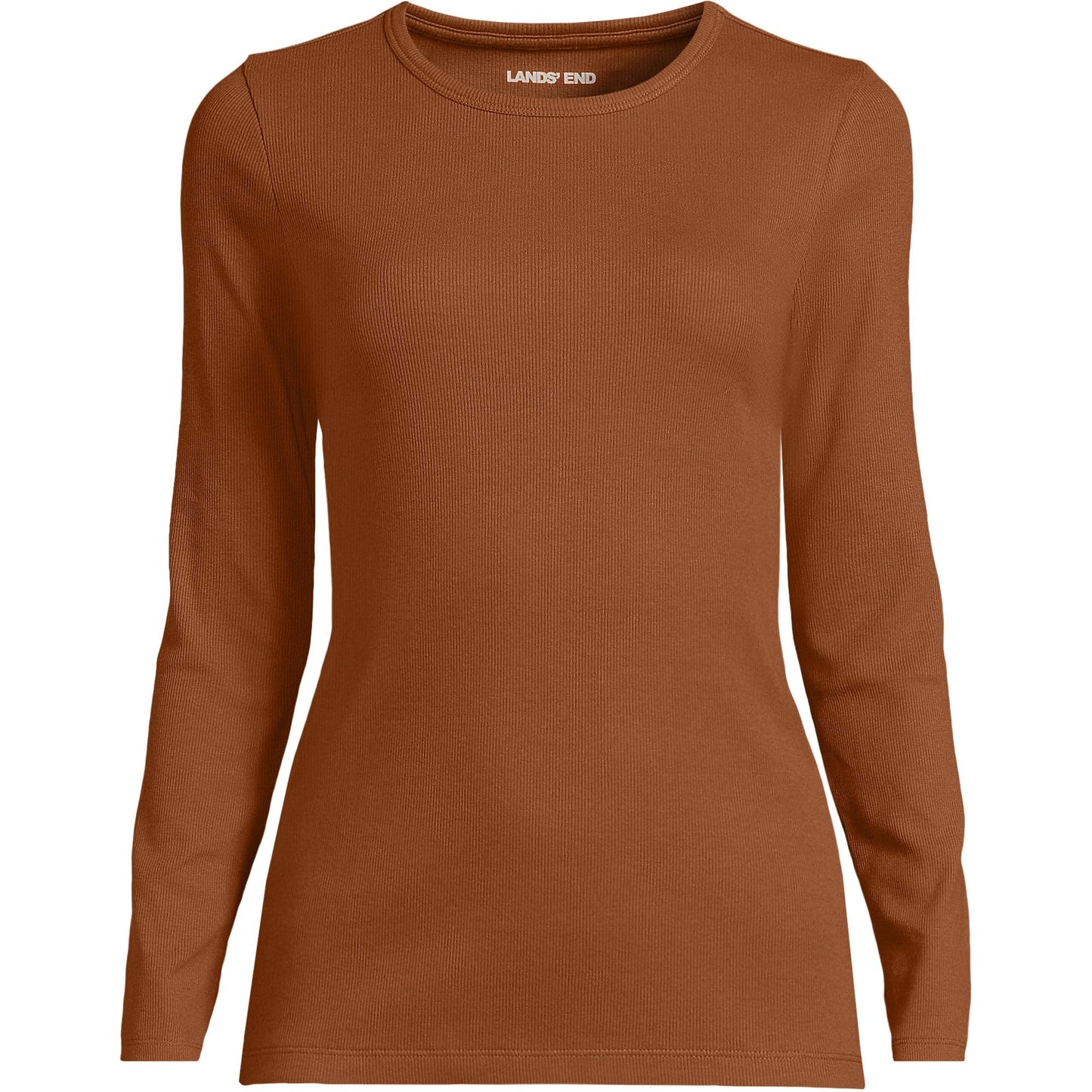 Lands' End Womens Long Sleeve Micro Rib Crew Rich Ginger Brown Tall Medium