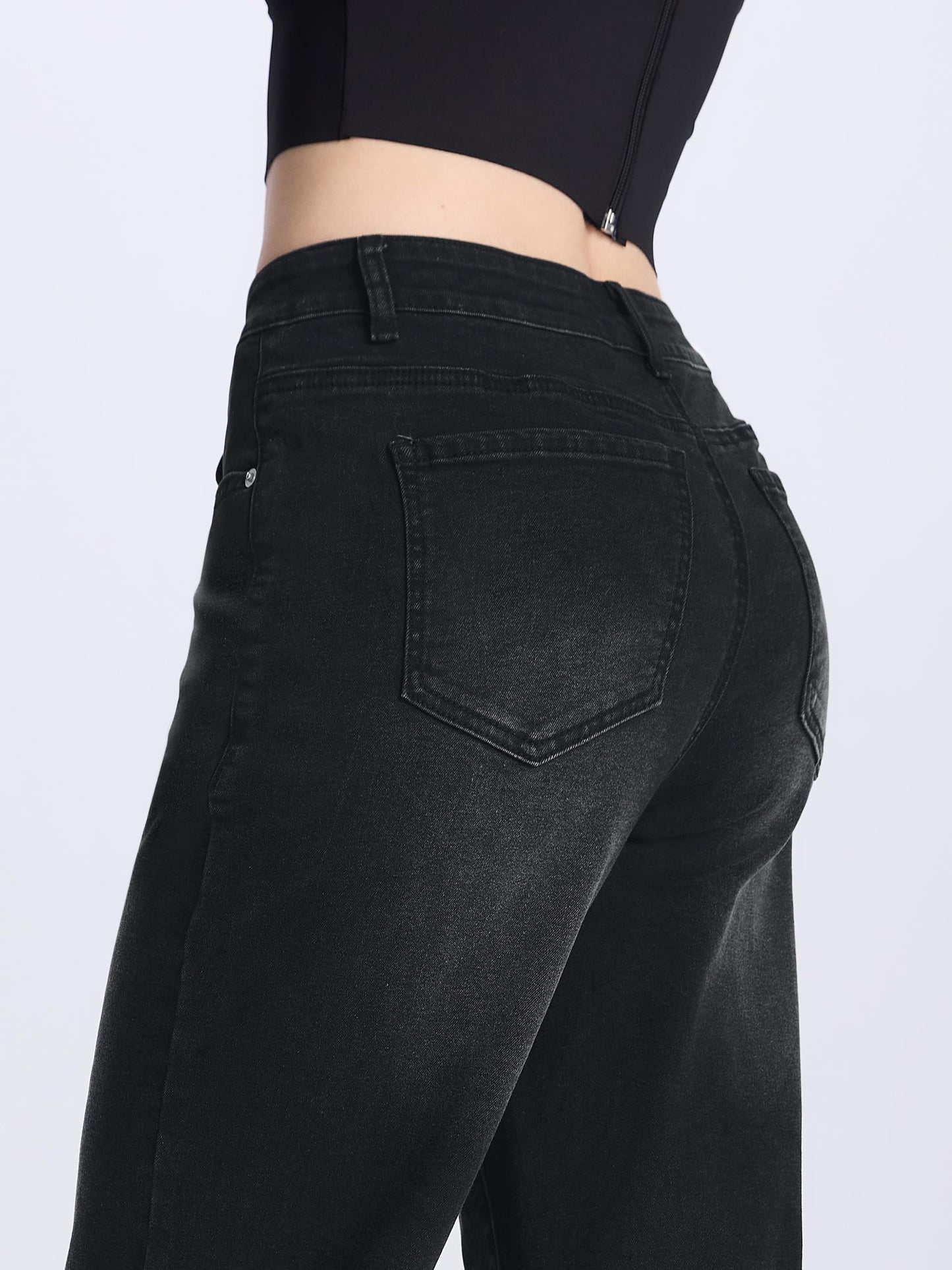 SEVEGO Women's 32"/34"/36" Tall Straight Leg Jeans Mid Waisted Stretchy Loose Denim Pants Casual Baggy Jean Trousers 32'', Black, XL