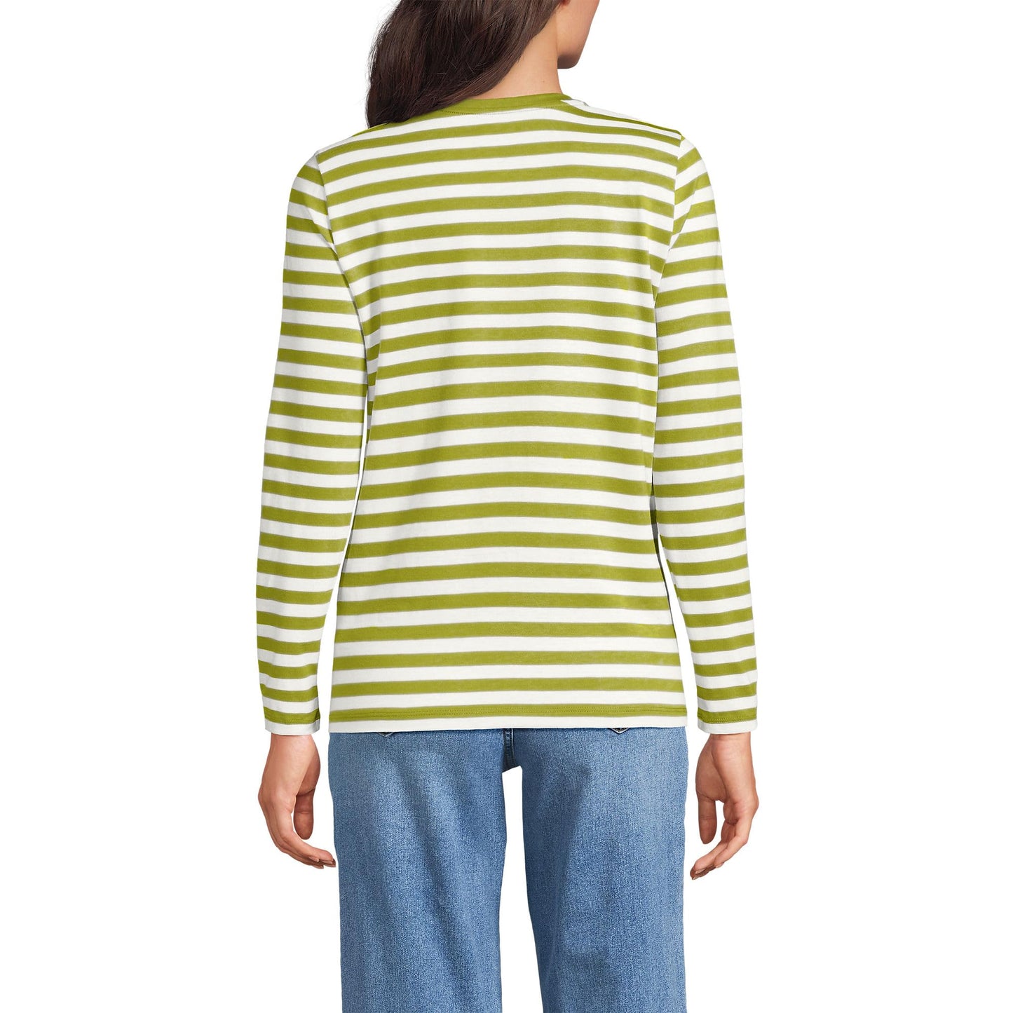 Lands' End Womens Long Sleeve Relaxed Supima Cotton Crew Neck T Shirt Vintage Lime Even Stripe Tall Large