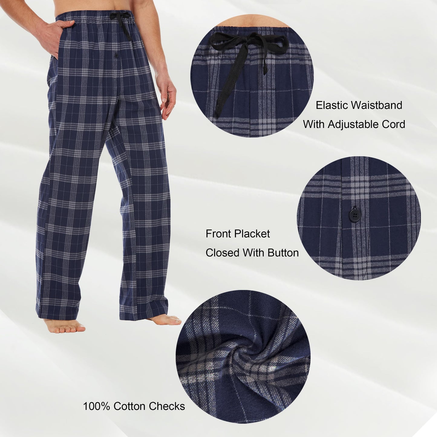 Tall MobPlace Mens 34/36 Inseam 100% Cotton Pajama Pants for Tall Men Navy/Grey
