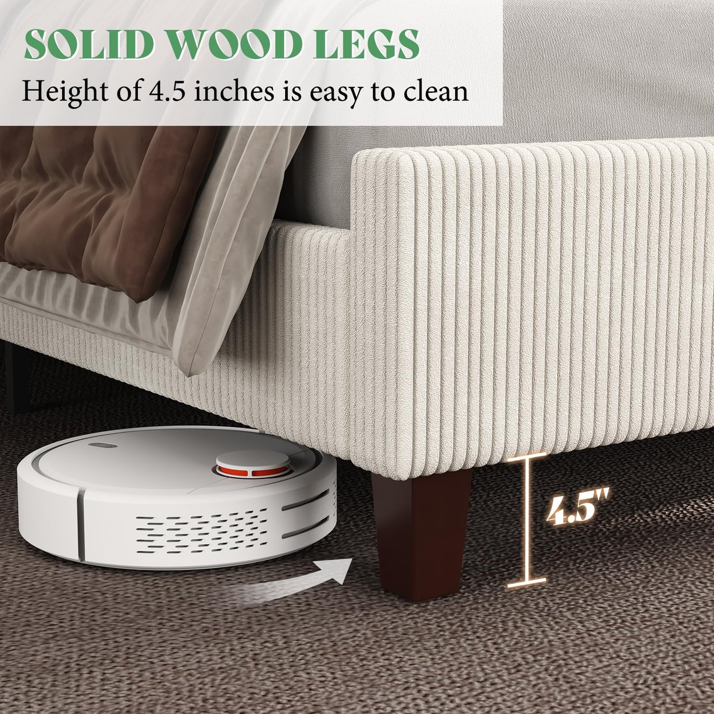 AMERLIFE California King Size Upholstered Bed Frame with 50.8" Tall Headboard, Wingback Platform Bed with Solid Wood Legs, Wooden Slats, Corduroy/No Box Spring Needed/Noise Free/Cream