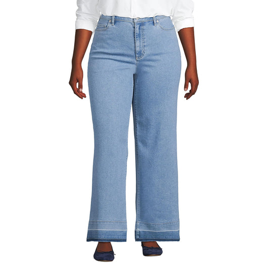 Lands' End Womens Recover HR Wide Leg Blue Jeans Hutton Blue Wash Released Hem Regular 14 32