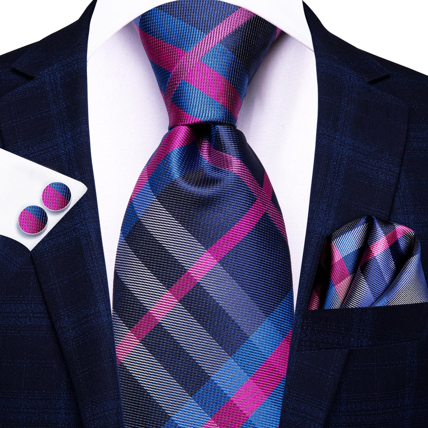 Hi-Tie Navy Blue Rose Ties for Men 70'' Silk Men's Ties Set Plaid Checks Necktie and Pocket Square Cufflinks for Wedding