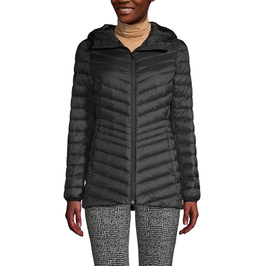Lands' End Womens Packable Chevron Hooded Long Wanderweight Down Jacket Black Tall Medium