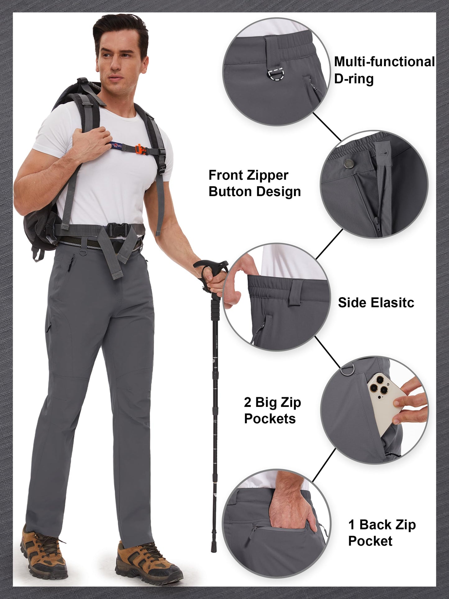SEVEGO 30"/32"/34"/36"/38" Inseam Men's Tall Hiking Pants Quick Dry Outdoor Waterproof Fishing Cargo Pants with 5 Pockets 36"，Dark Gray，M