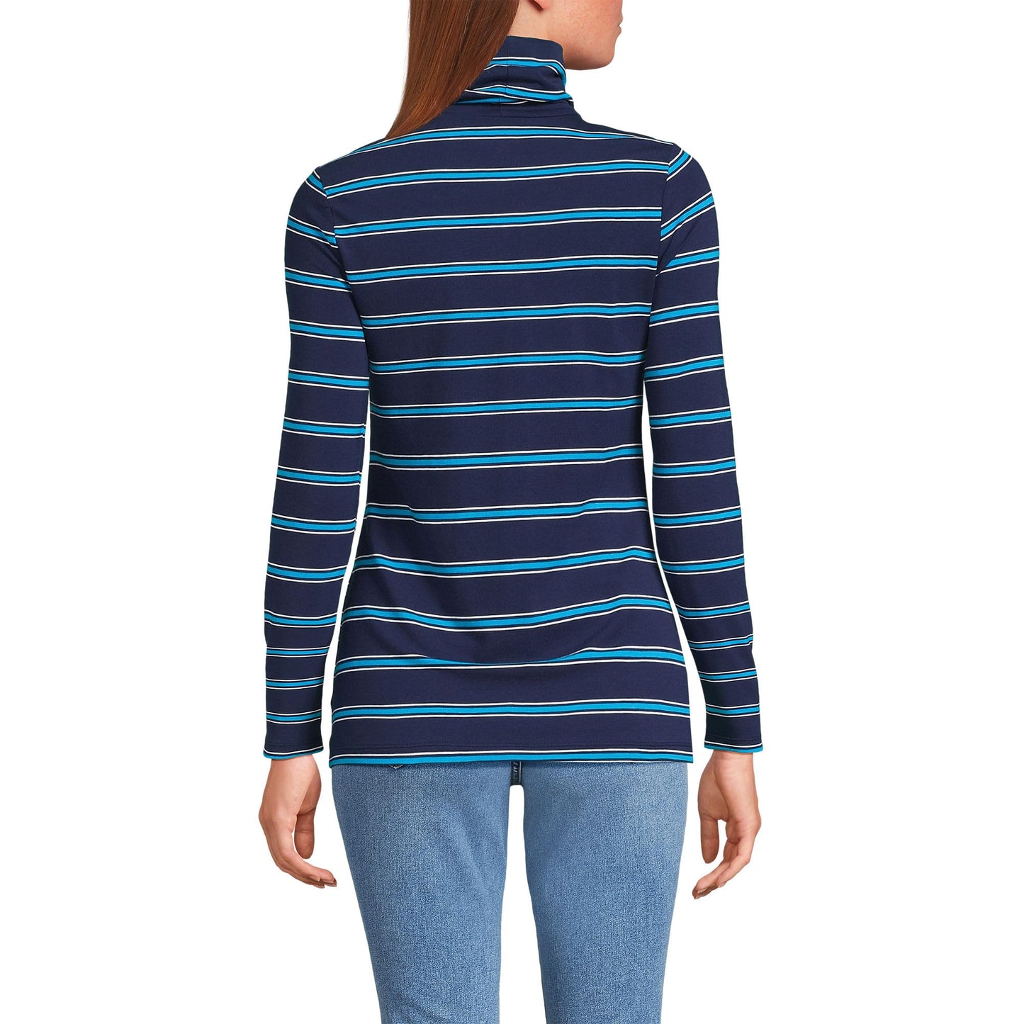 Lands' End Womens Long Sleeve Shaped LWCM Turtleneck Deep Sea/Cyan Stripe Tall Medium