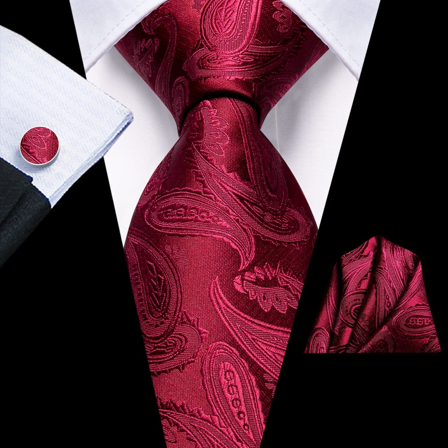Hi-Tie 70'' Burgundy Ties for Men Silk Paisley Extra Long Men's Ties Set Necktie and Pocket Square Cufflinks for Wedding
