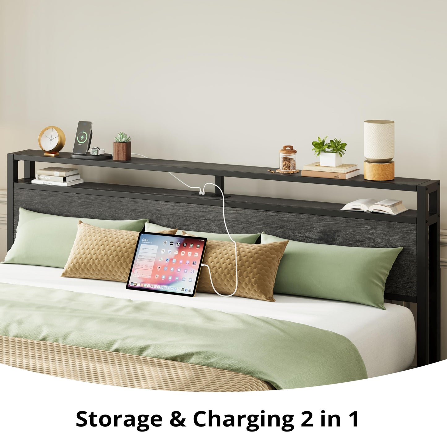 LIKIMIO California King Bed Frame with Storage Headboard, Platform Bed with Drawers and Charging Station, No Box Spring Needed, Easy Assembly, Charcoal Grey