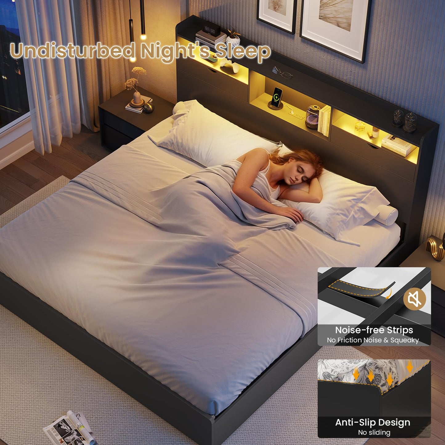 DICTAC California King Bed Frame with Bookcase Headboard and Storage, 4 Large Drawers, Wooden Platform Bed Frame with LED Lights, Charging Station, Strong Metal Slats, No Box Spring Required, No Noise