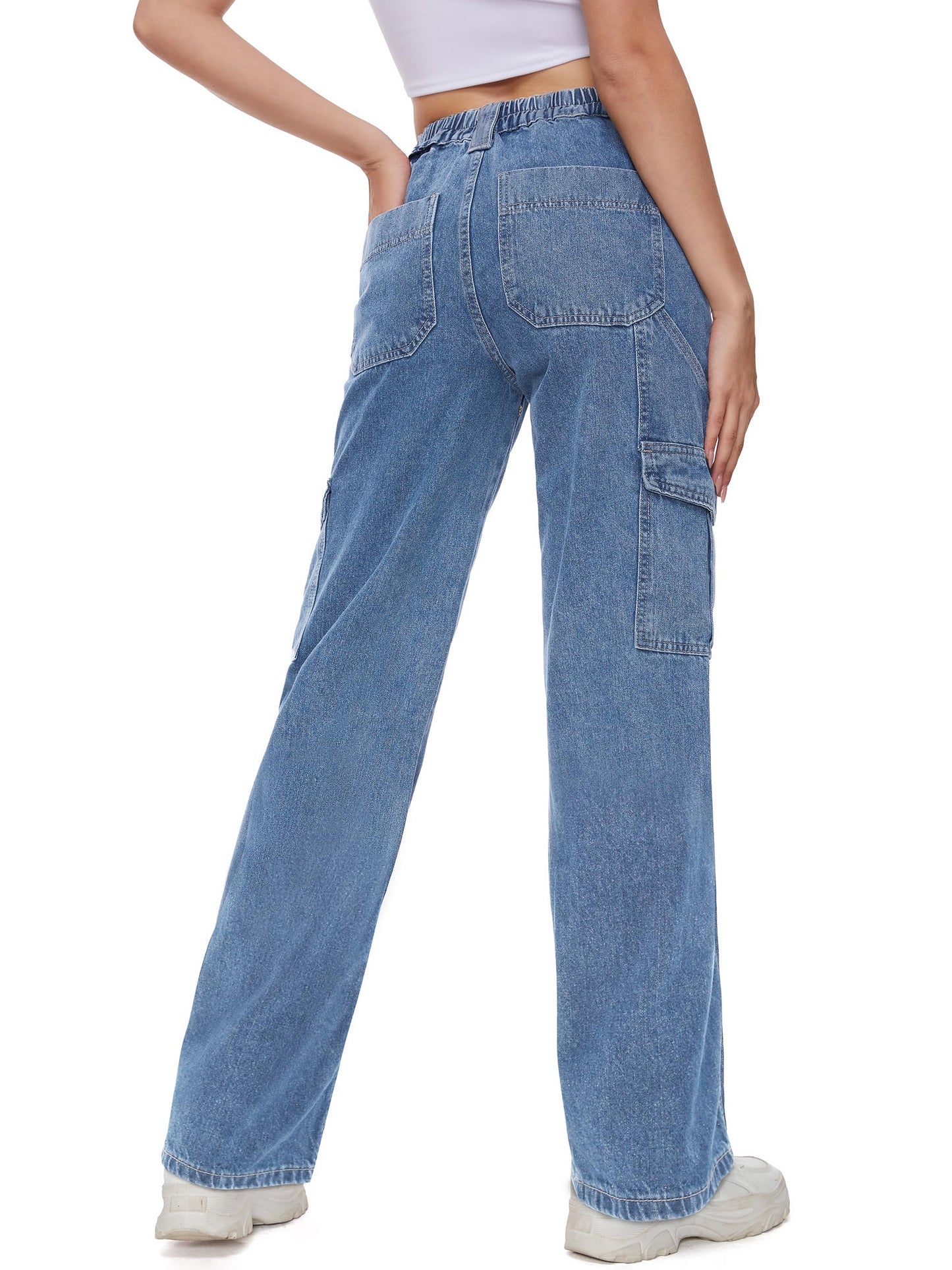 Tapata Women's 26"/28"/30"/32"/34" Cargo Jeans Straight Leg Short Petite Regular Tall Denim Relaxed Y2K Pants Blue, L