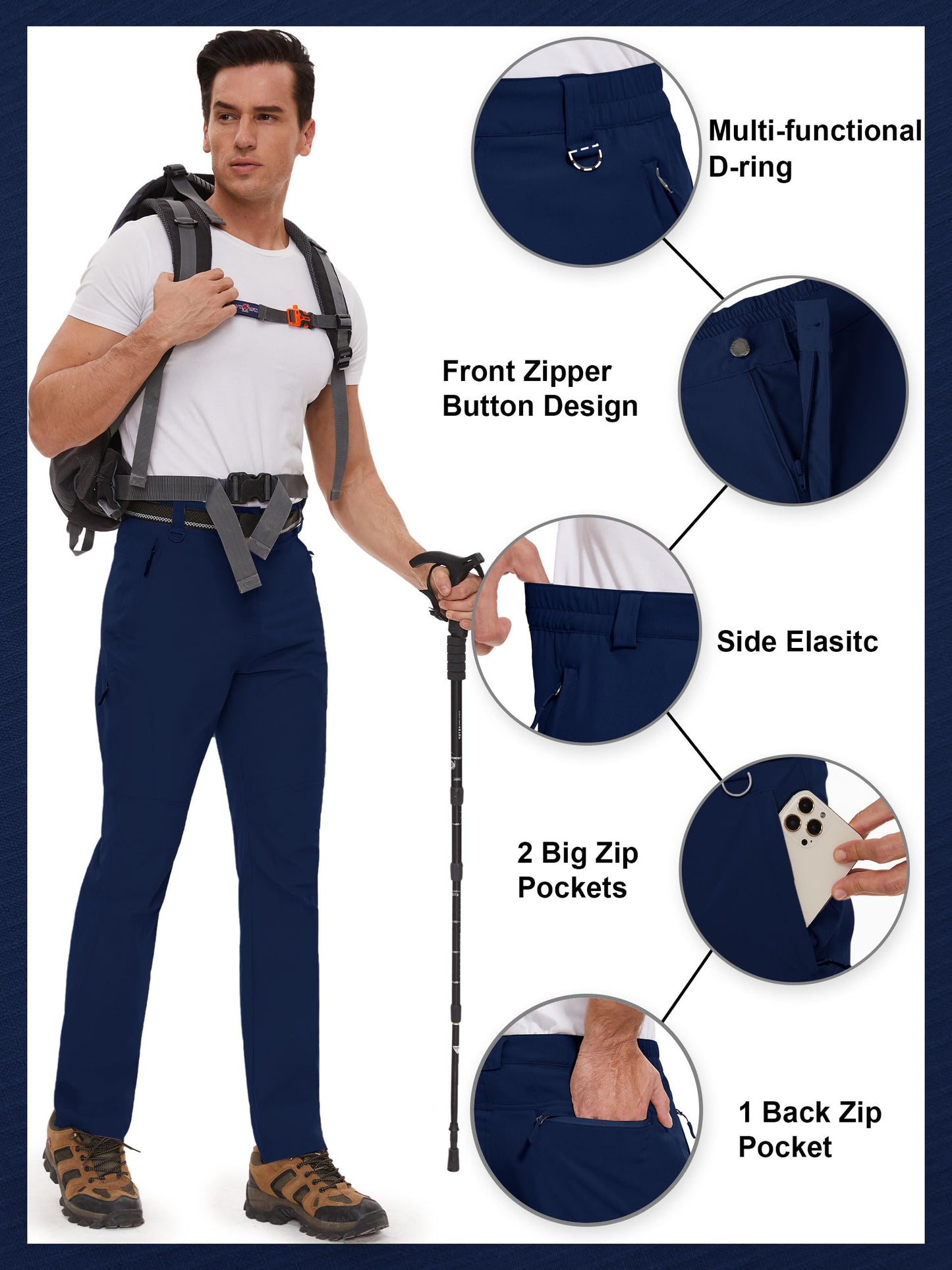 SEVEGO 30"/32"/34"/36"/38" Inseam Men's Tall Hiking Pants Quick Dry Outdoor Waterproof Fishing Cargo Pants with 5 Pockets 36"，Navy Blue，S