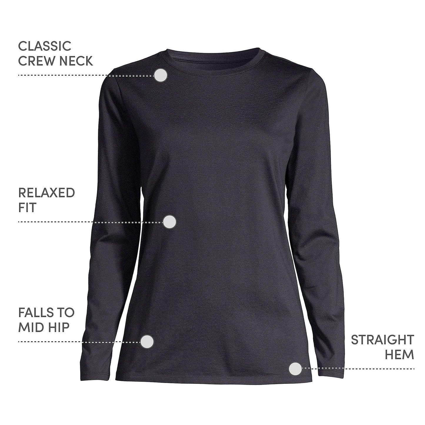 Lands' End Womens Long Sleeve Relaxed Supima Cotton Crew Neck T Shirt Black Tall Large
