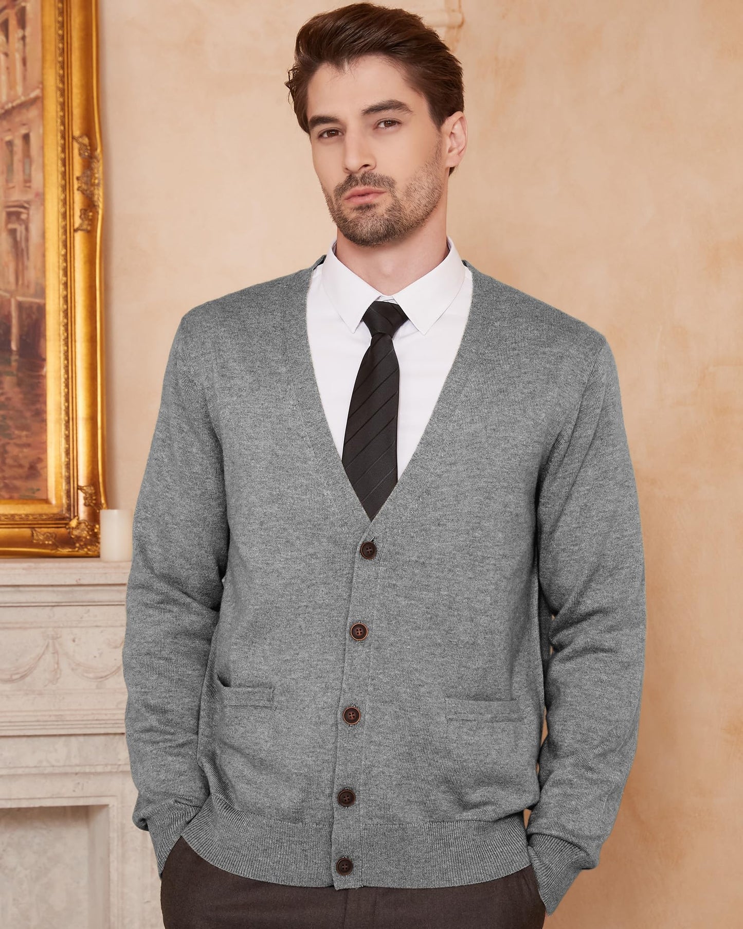 Kallspin Men's Tall Cardigan Sweaters Wool Blend V Neck Button Down Sweaters with Pockets(Light Grey, 2XL-Tall)