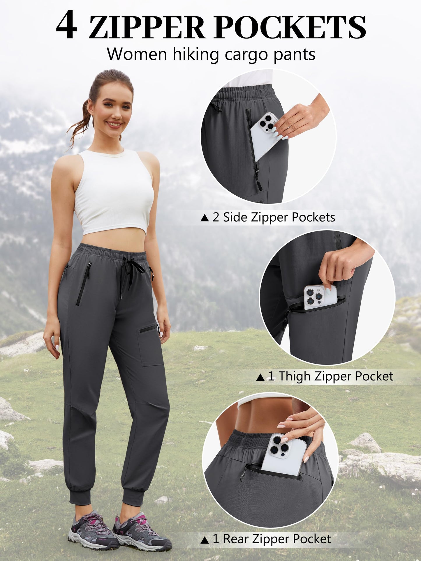 Tallemon Womens Tall Hiking Pants 30/32/34 Inseam Lightweight Joggers Quick Dry 4 Pockets Travel Athletic Cargo UPF50+ 34" Dark Gery Large