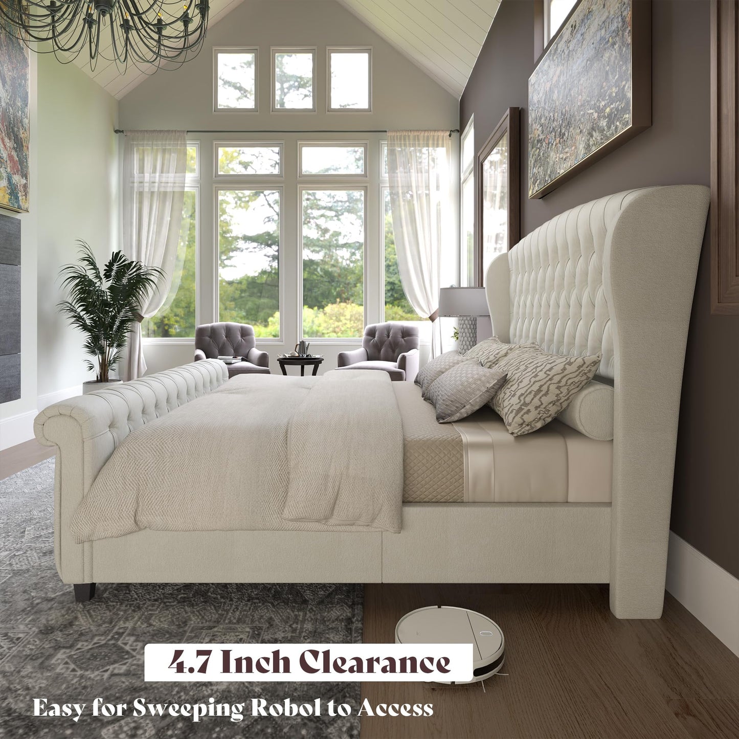 AMERLIFE California King Size Platform Bed Frame, Velvet Upholstered Sleigh Bed with Scroll Wingback Headboard & Footboard/Button Tufted/No Box Spring Required/Cream