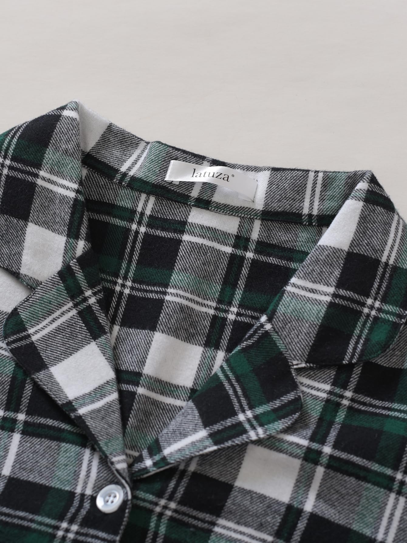 Latuza Women's Tall Flannel Pajama Set Extra Long Button Up Top Pants Pj Set 2X Black Green
